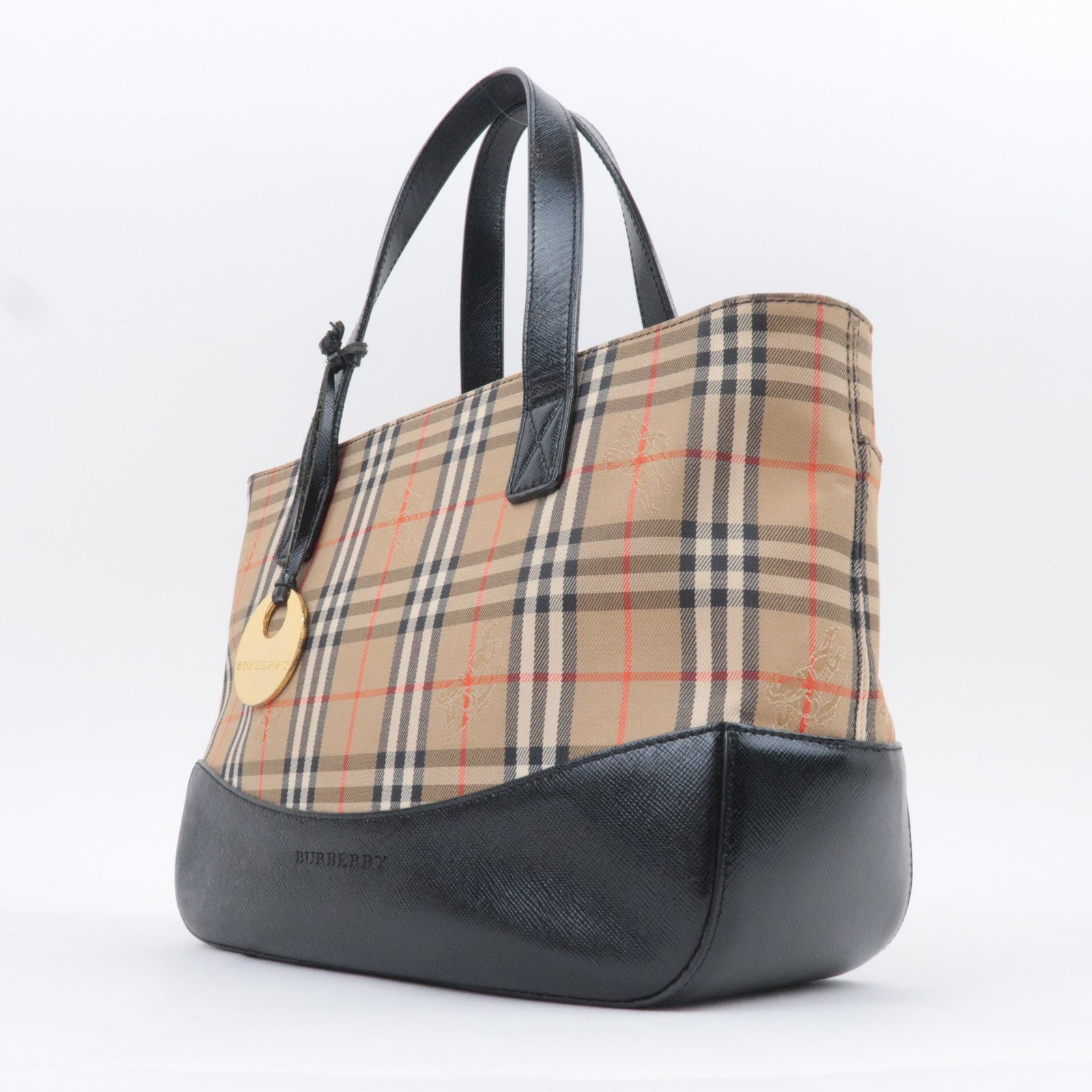 BURBERRY Nova Plaid Canvas Leather Handbag Beige Black