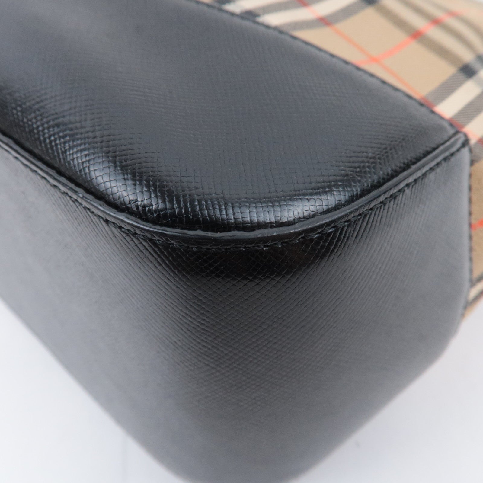 BURBERRY Nova Plaid Canvas Leather Handbag Beige Black