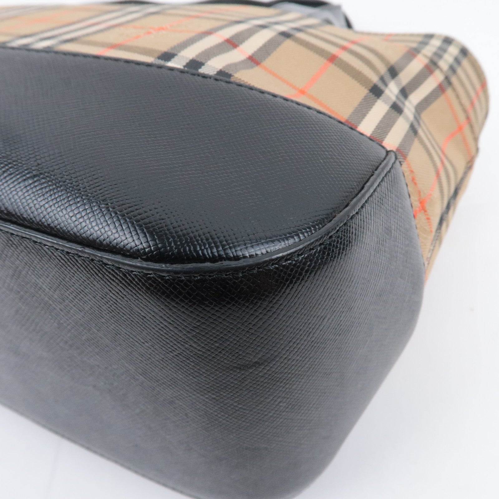BURBERRY Nova Plaid Canvas Leather Handbag Beige Black