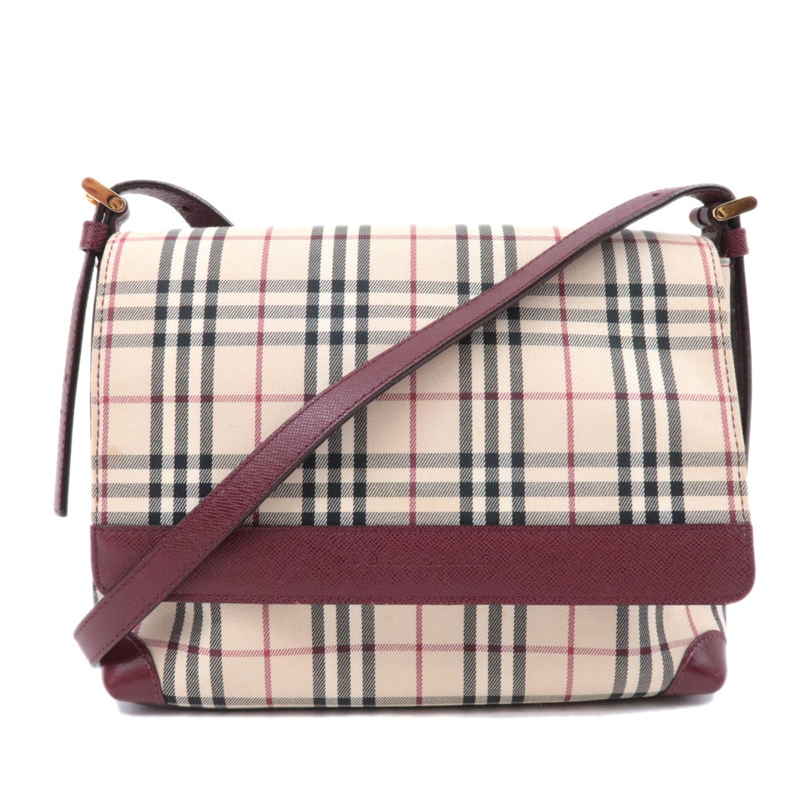 BURBERRY Nova Plaid Canvas Leather Shoulder Bag Beige Bordeaux 90013