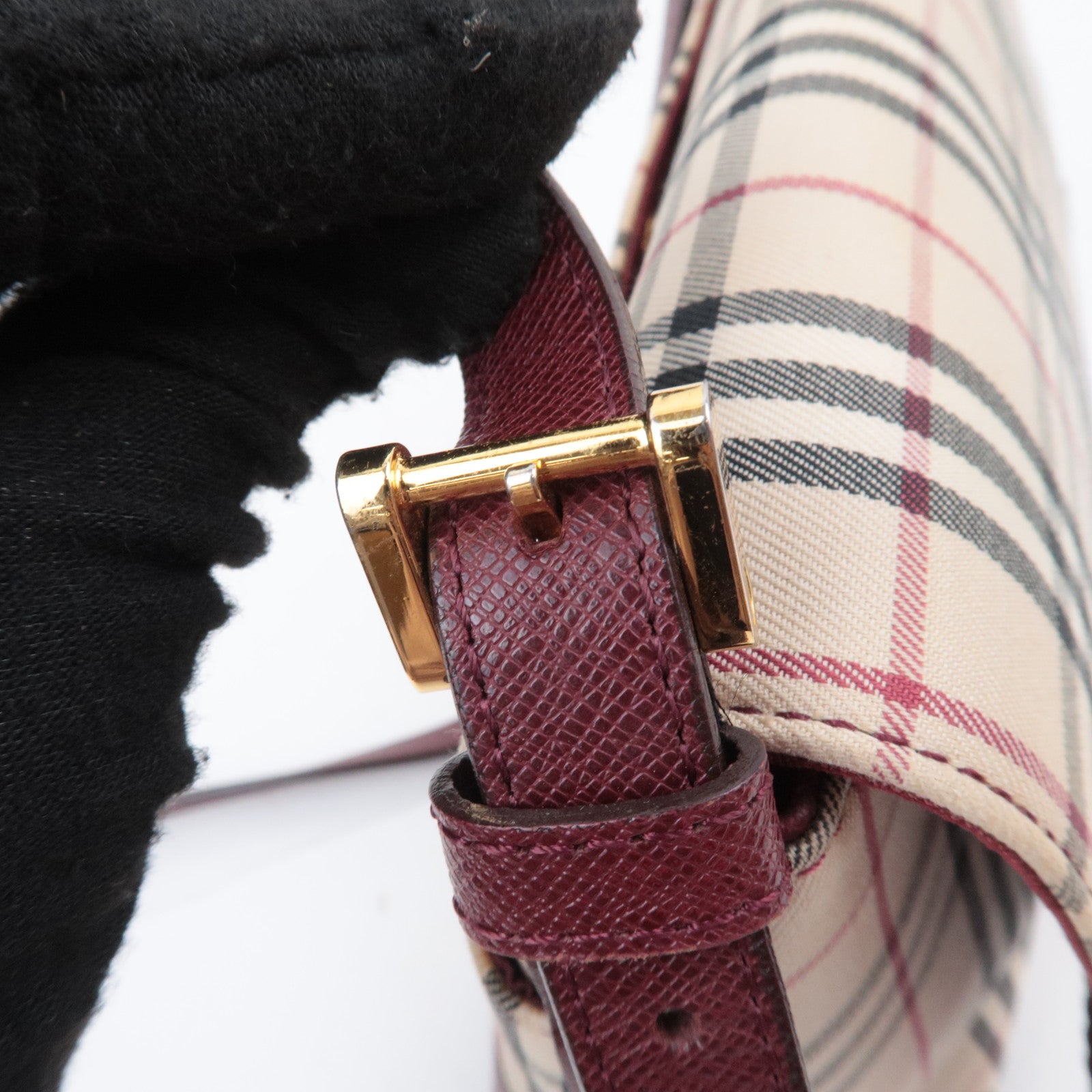 BURBERRY Nova Plaid Canvas Leather Shoulder Bag Beige Bordeaux