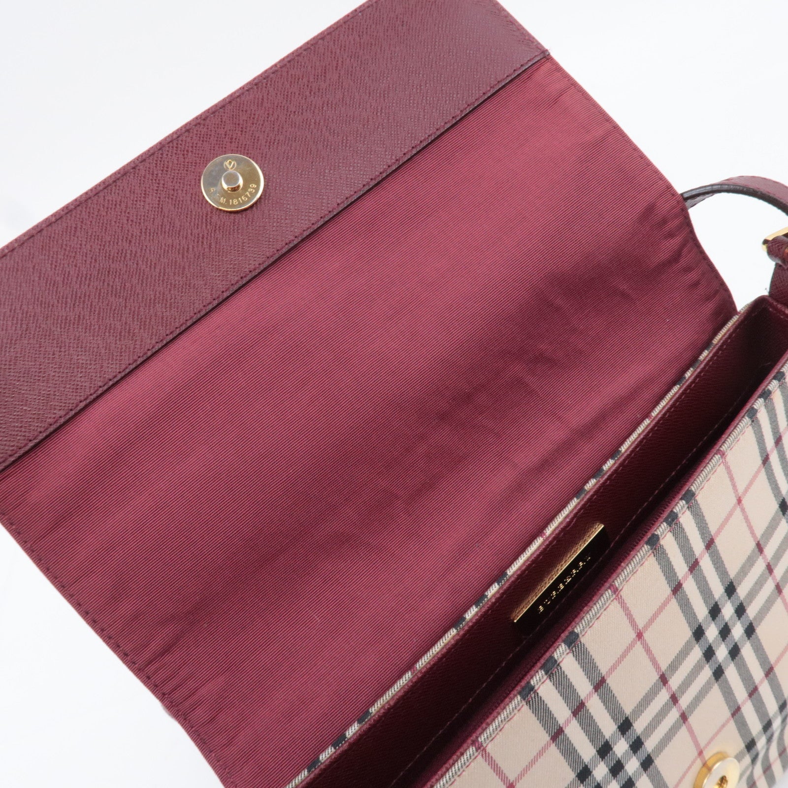 BURBERRY Nova Plaid Canvas Leather Shoulder Bag Beige Bordeaux