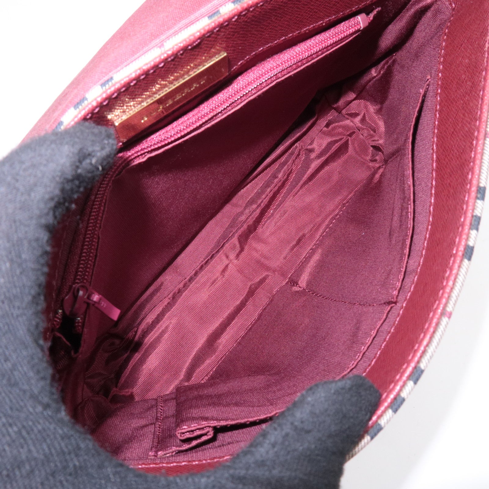 BURBERRY Nova Plaid Canvas Leather Shoulder Bag Beige Bordeaux