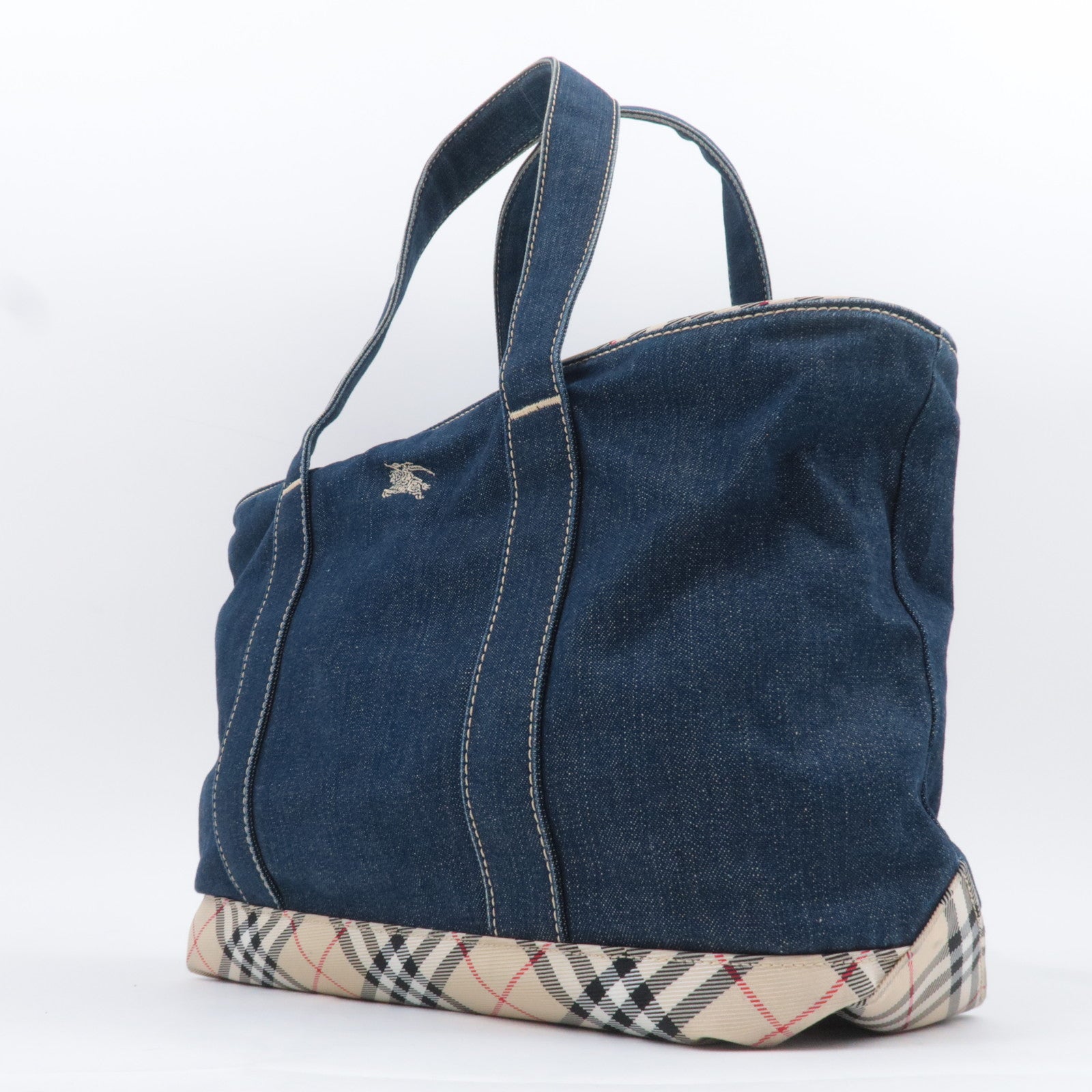 BURBERRY Blue Label Nova Plaid Denim Shoulder Bag Blue Beige