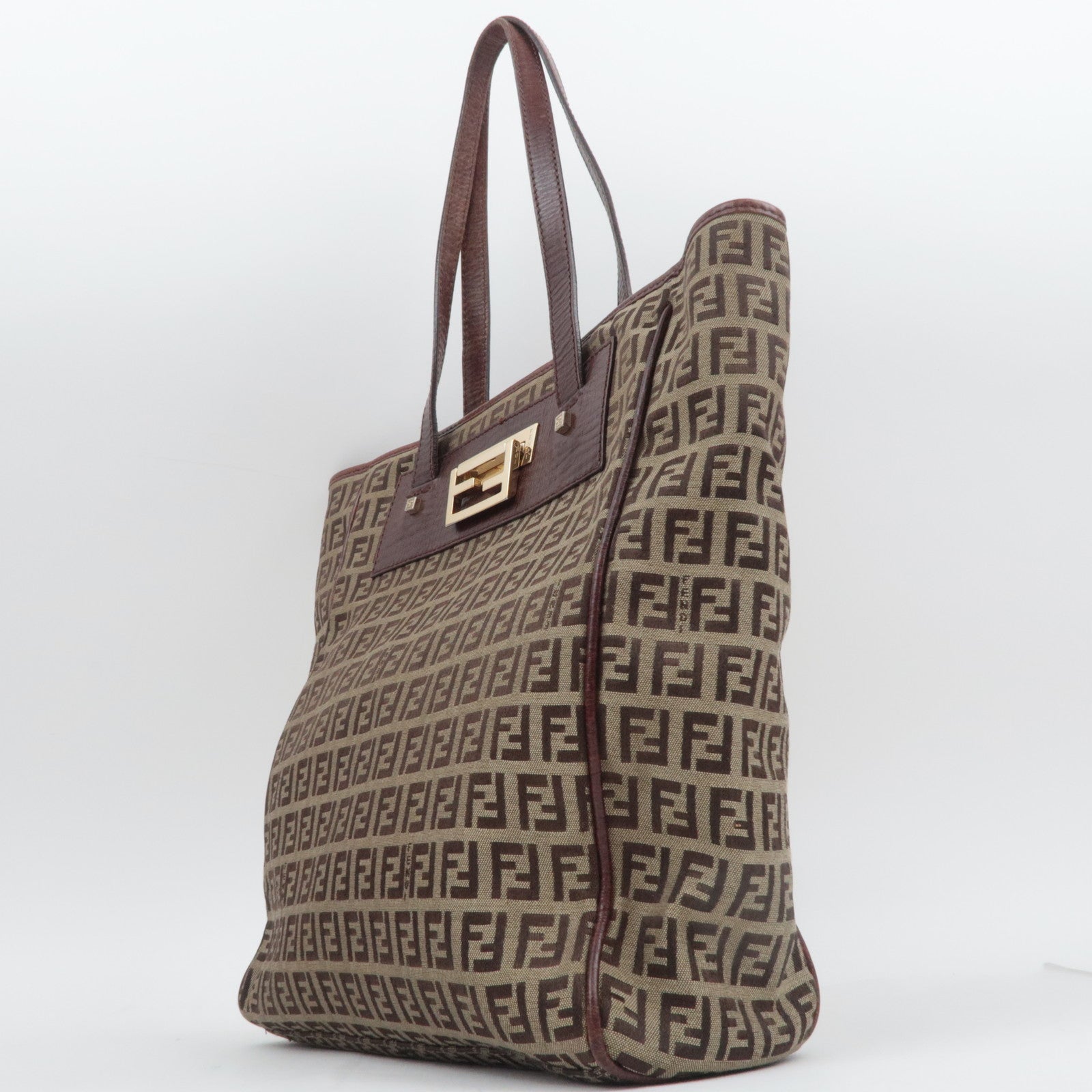 FENDI Zucchino Canvas Leather Tote Bag Brown 8BH174