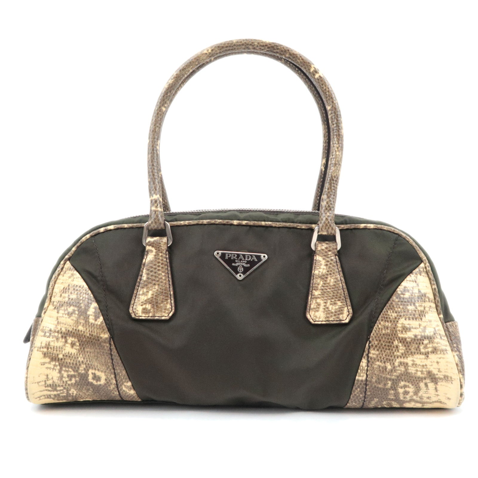 PRADA Nylon Leather Handbag Khaki B1074790025