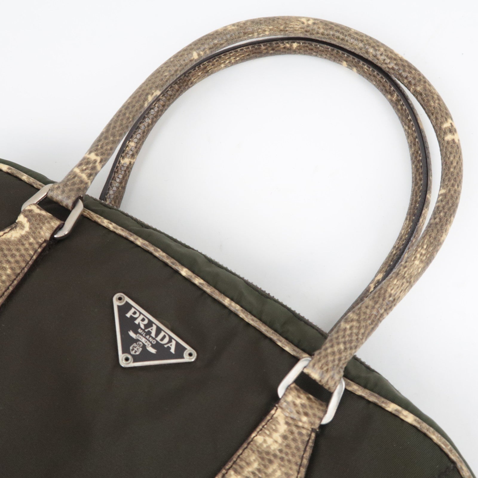 PRADA Nylon Leather Handbag Khaki B10747