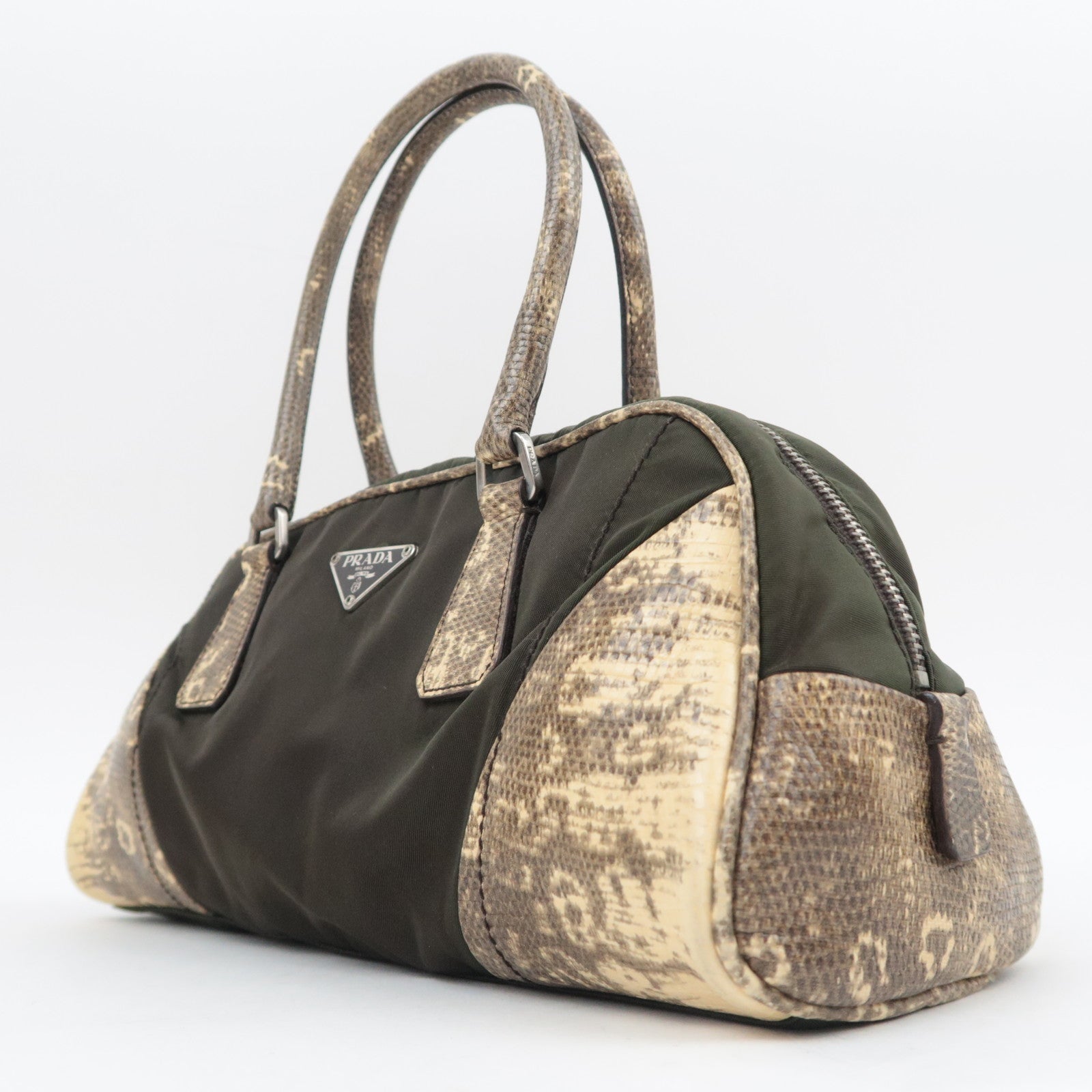 PRADA Nylon Leather Handbag Khaki B10747