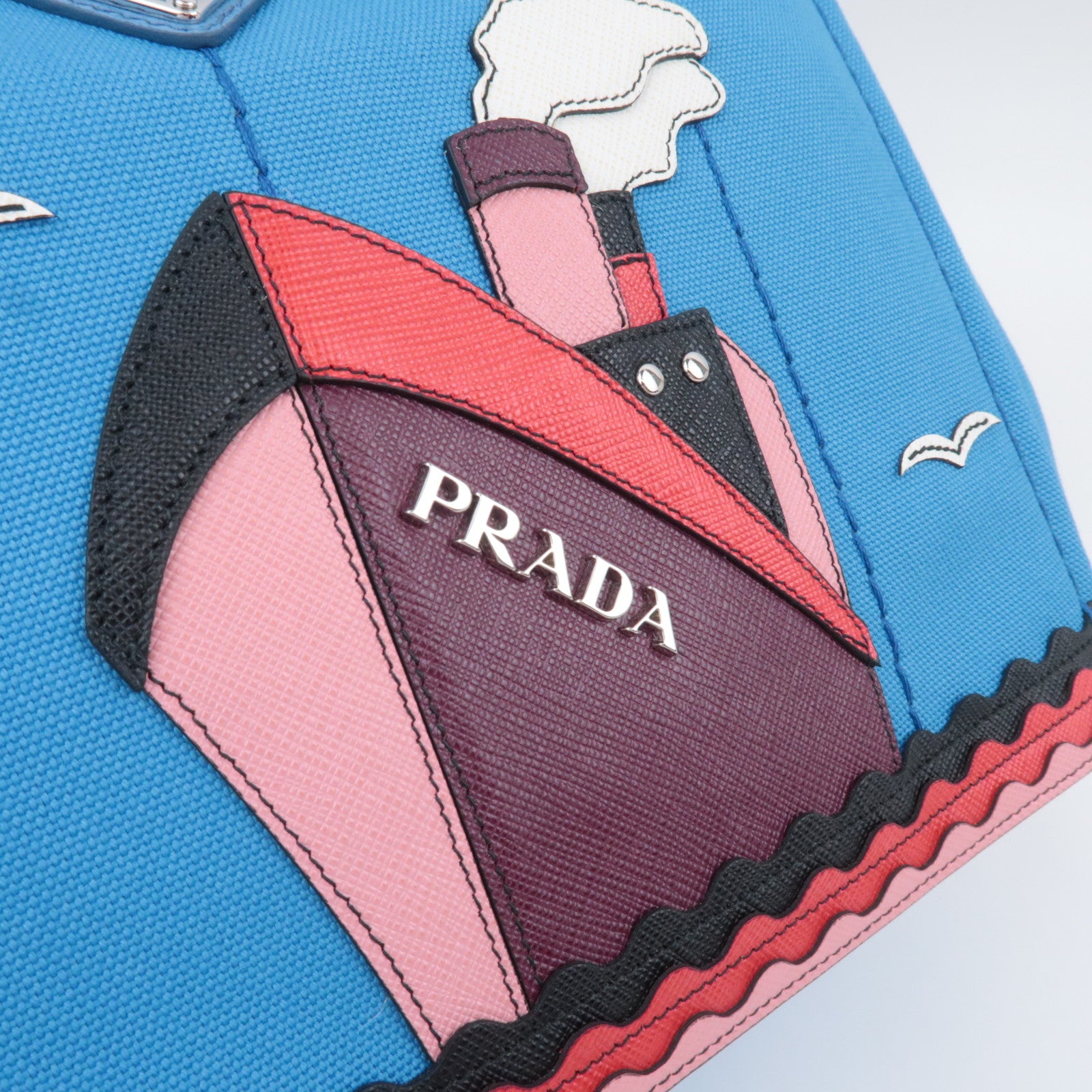 PRADA Canapa Patch Mini 2Way Canvas Tote Bag Marine Print Blue 1BG439