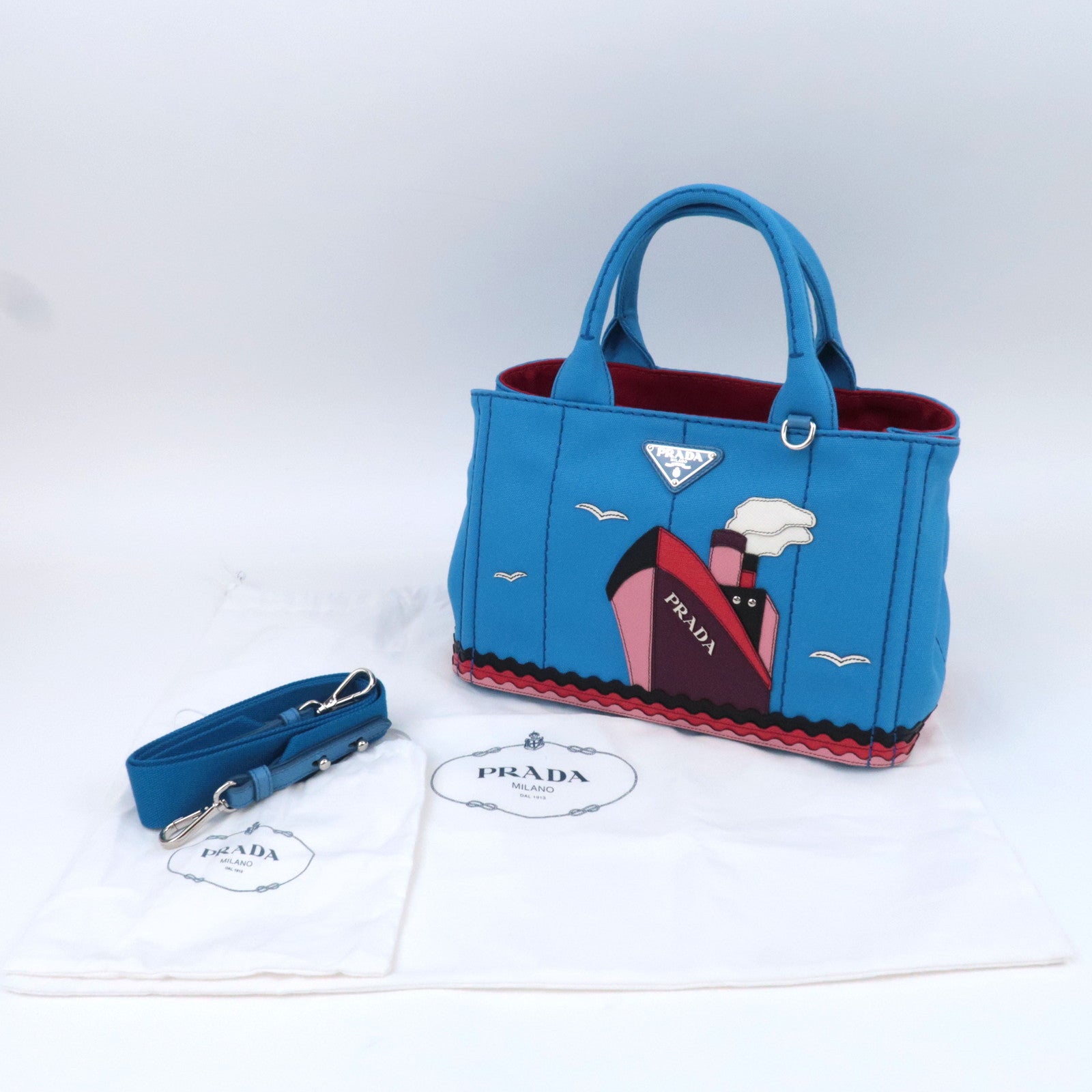 PRADA Canapa Patch Mini 2Way Canvas Tote Bag Marine Print Blue 1BG439