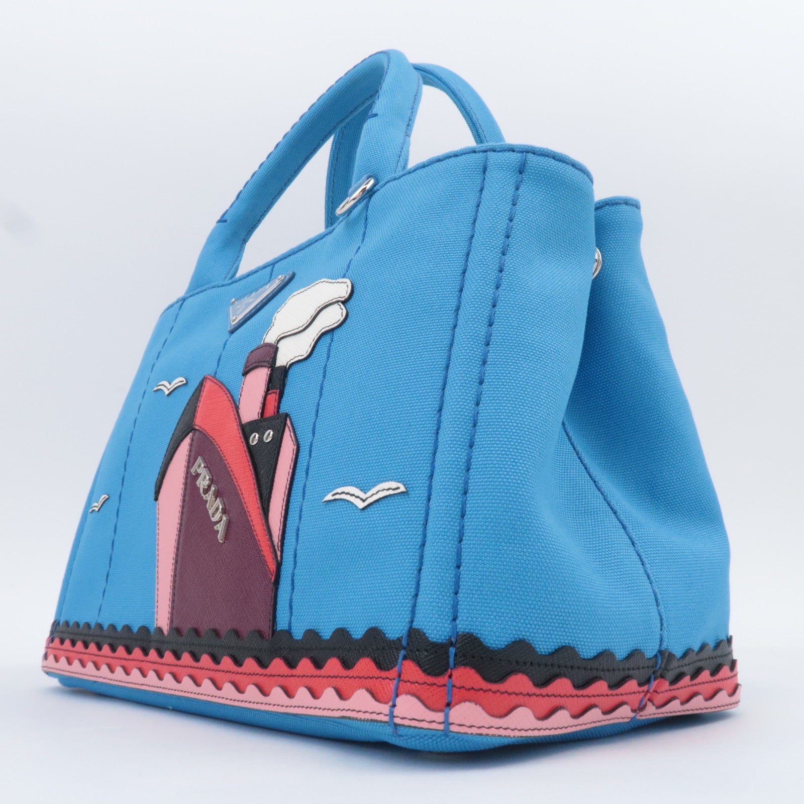 PRADA Canapa Patch Mini 2Way Canvas Tote Bag Marine Print Blue 1BG439