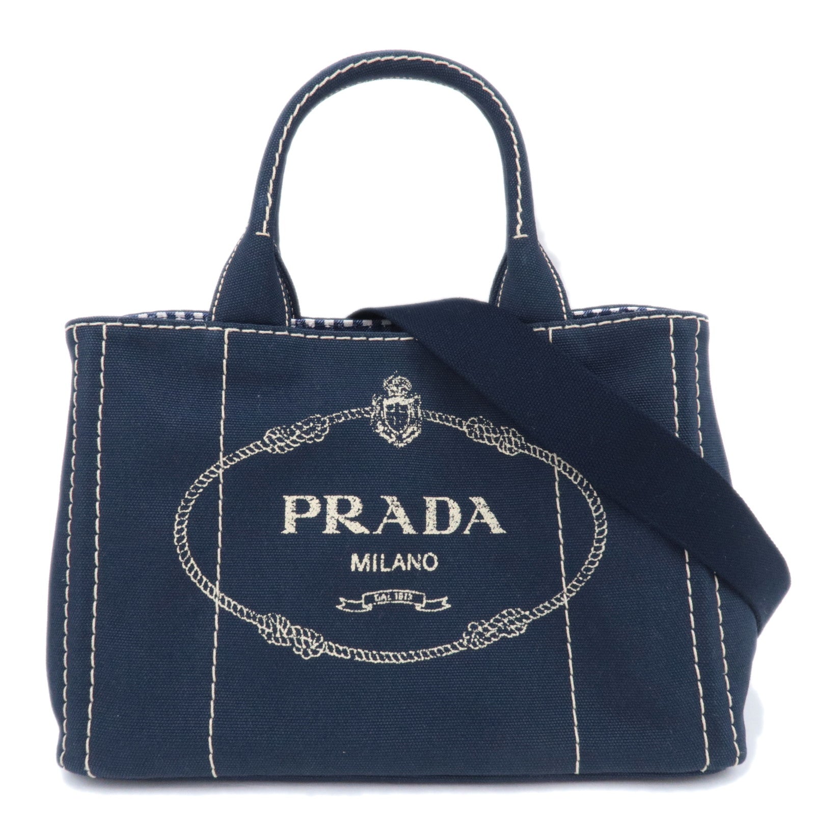 PRADA Canapa Mini 2Way Canvas Tote Bag Navy 1BG43990083