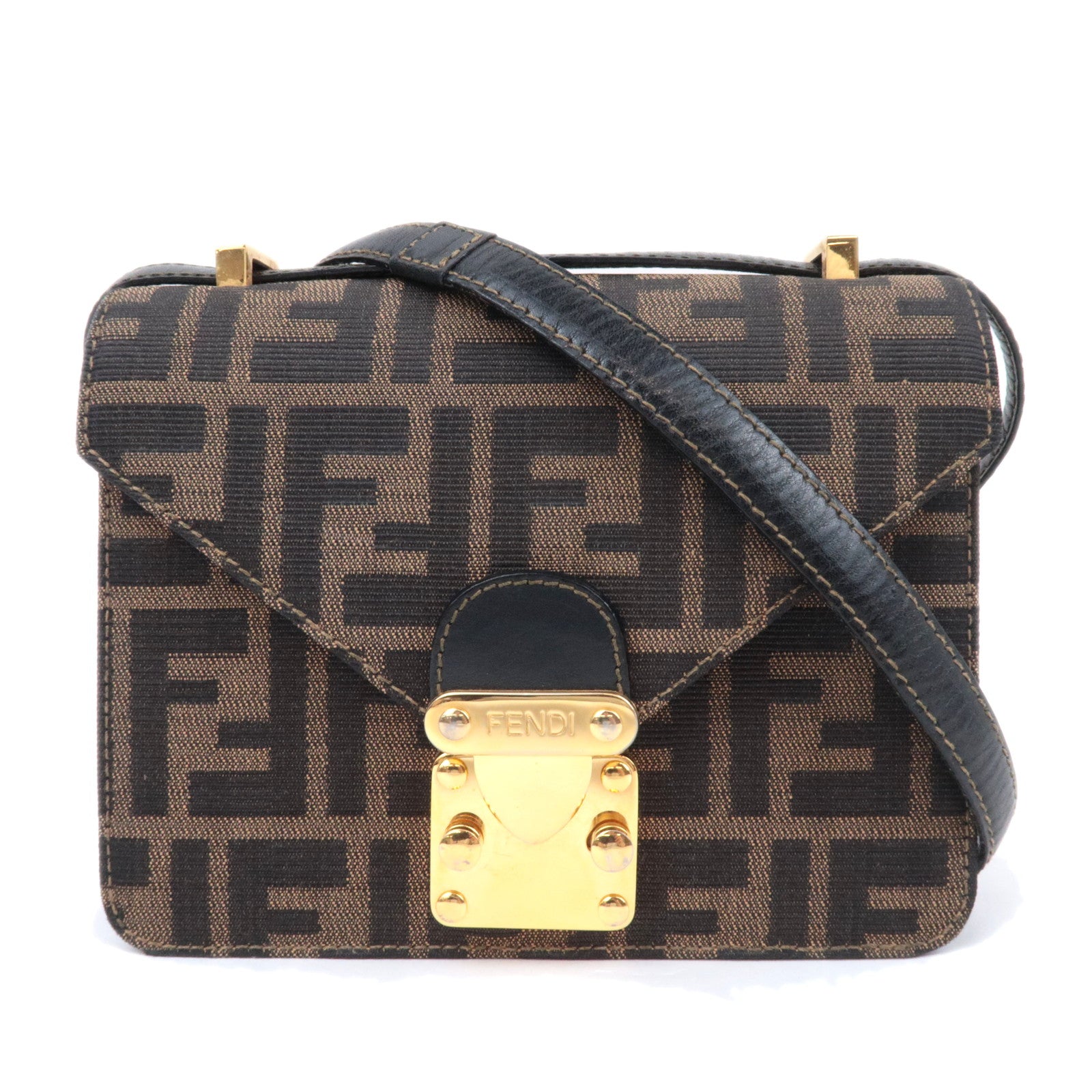 FENDI Zucca Canvas Leather Shoulder Bag Brown Black90088