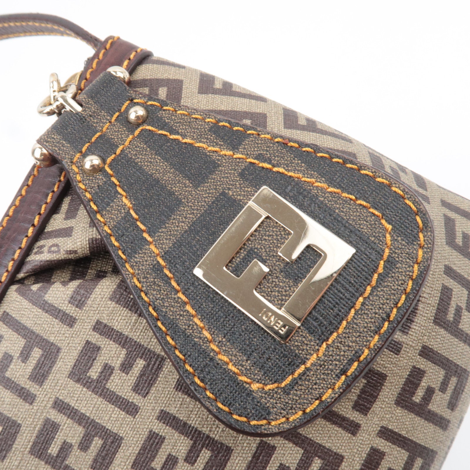 FENDI Zucchino PVC Leather Handbag Brown 8BR566