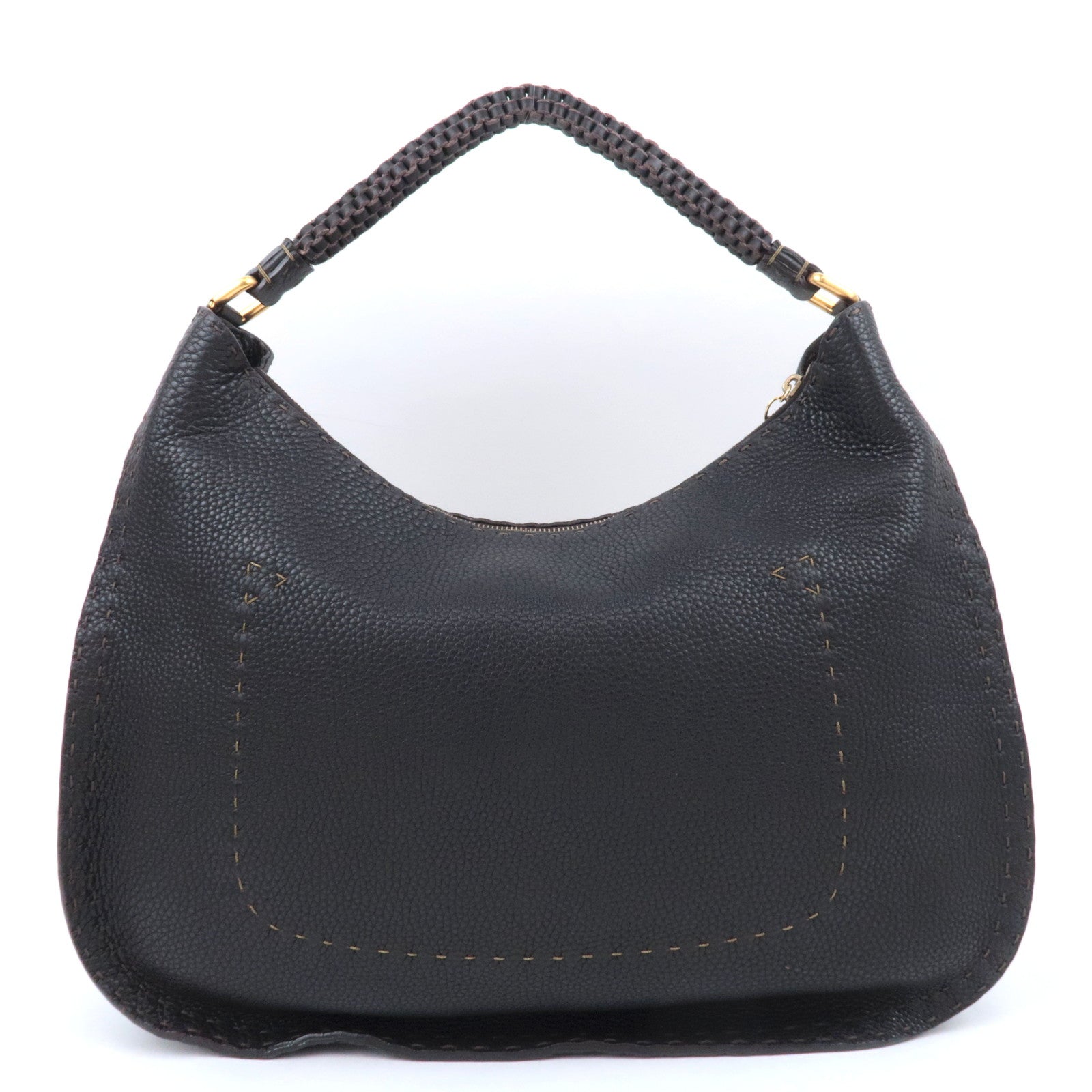 FENDI Selleria Hobo Leather Shoulder Bag Dark Brown 8BR582