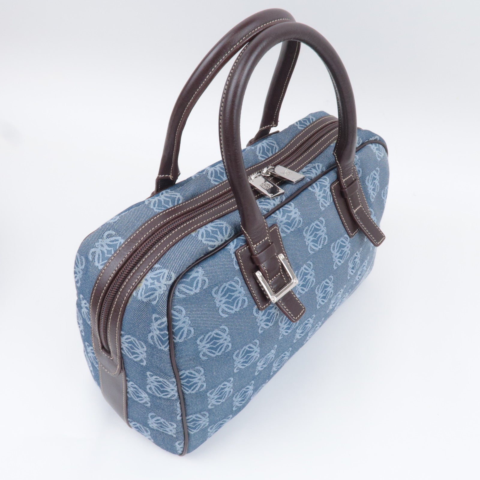 LOEWE Anagram Canvas Leather Handbag Blue Brown