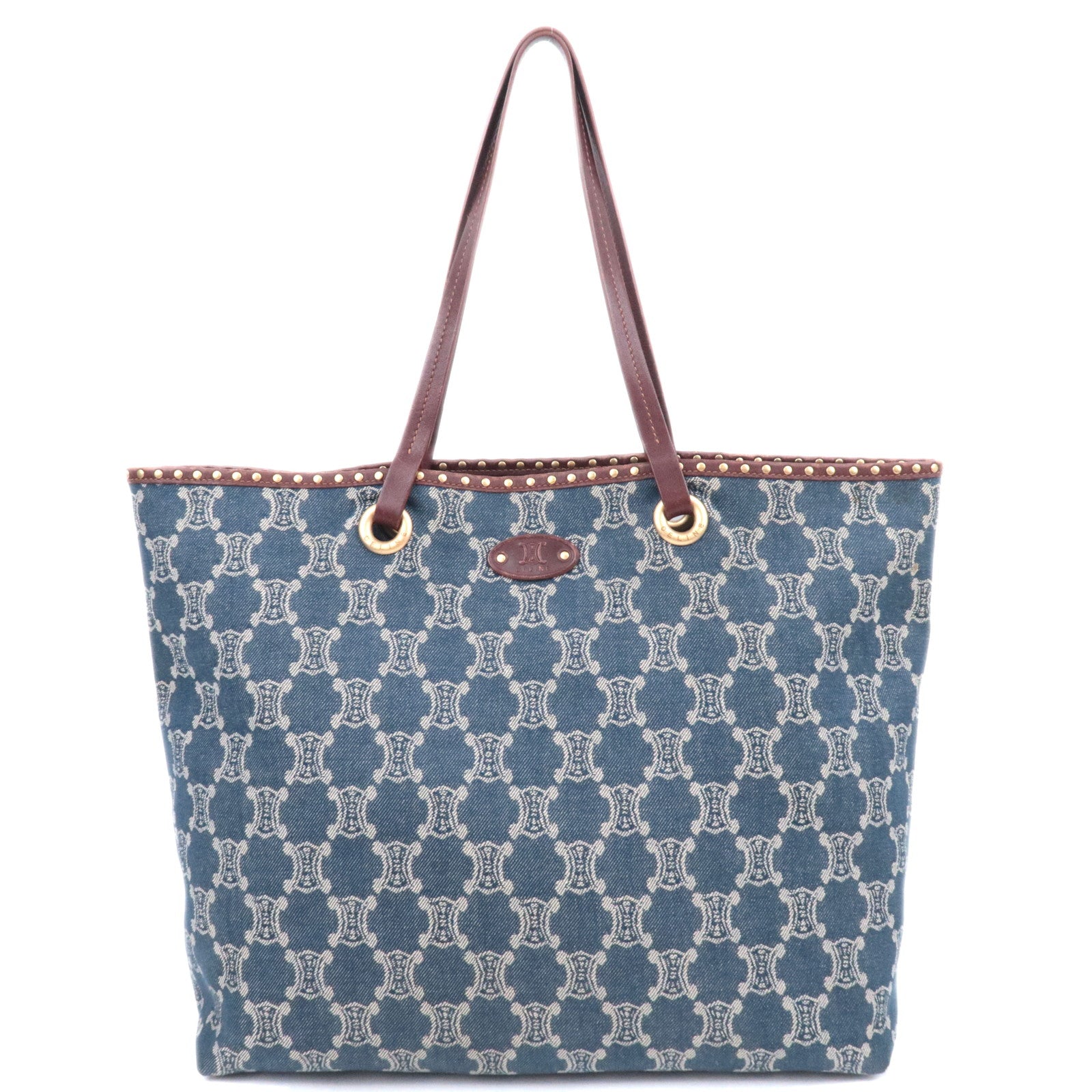 CELINE Paris Macadam Denim Leather Tote Bag Blue Brown90106