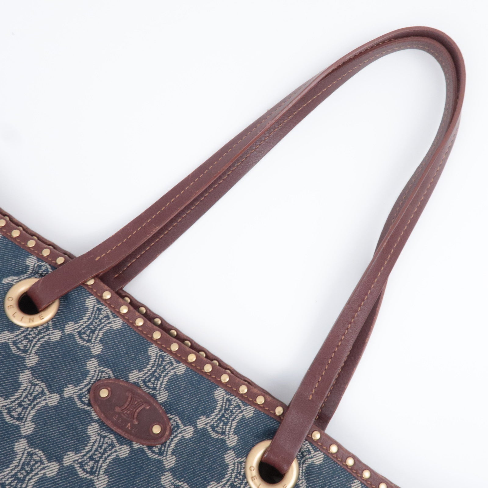 CELINE Paris Macadam Denim Leather Tote Bag Blue Brown