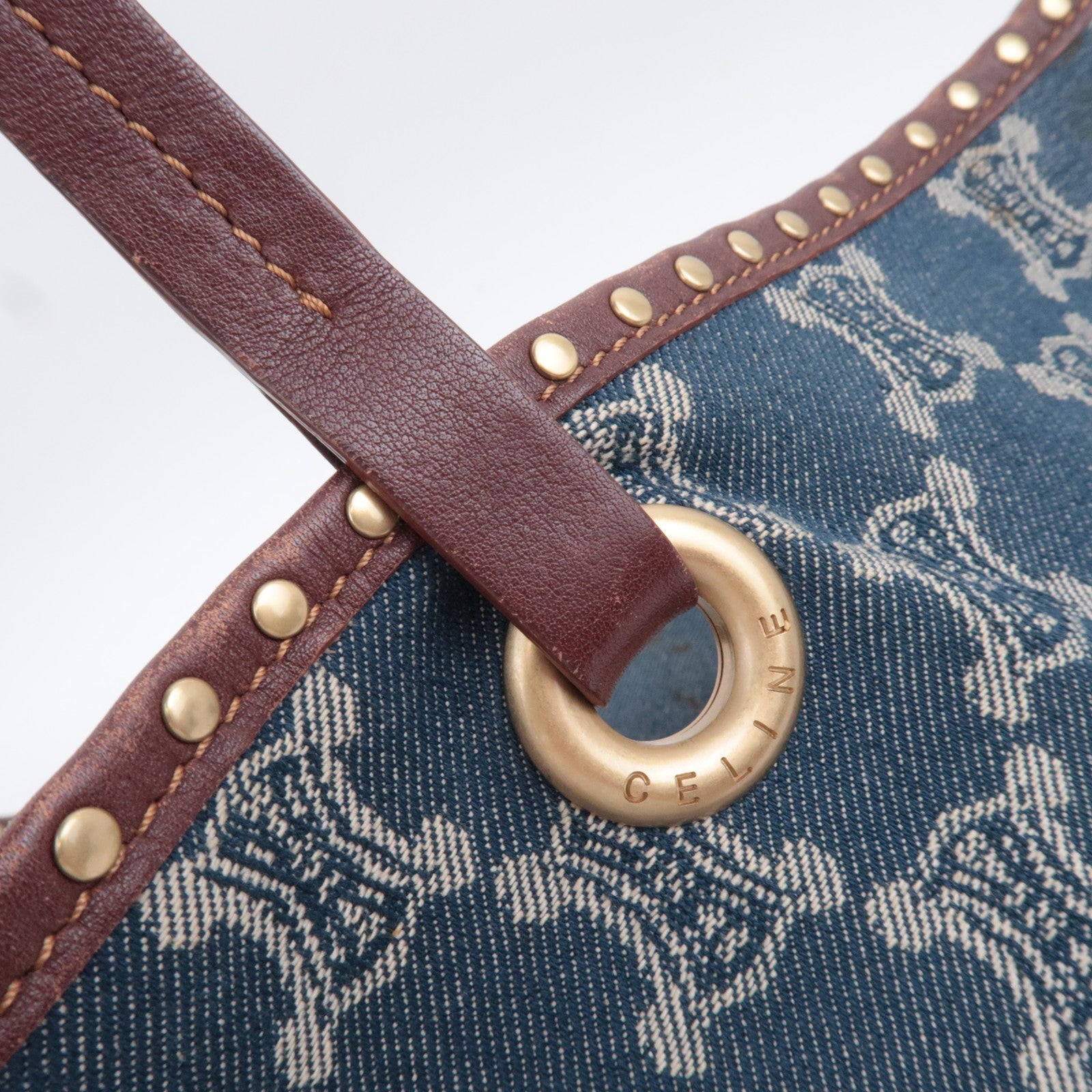 CELINE Paris Macadam Denim Leather Tote Bag Blue Brown