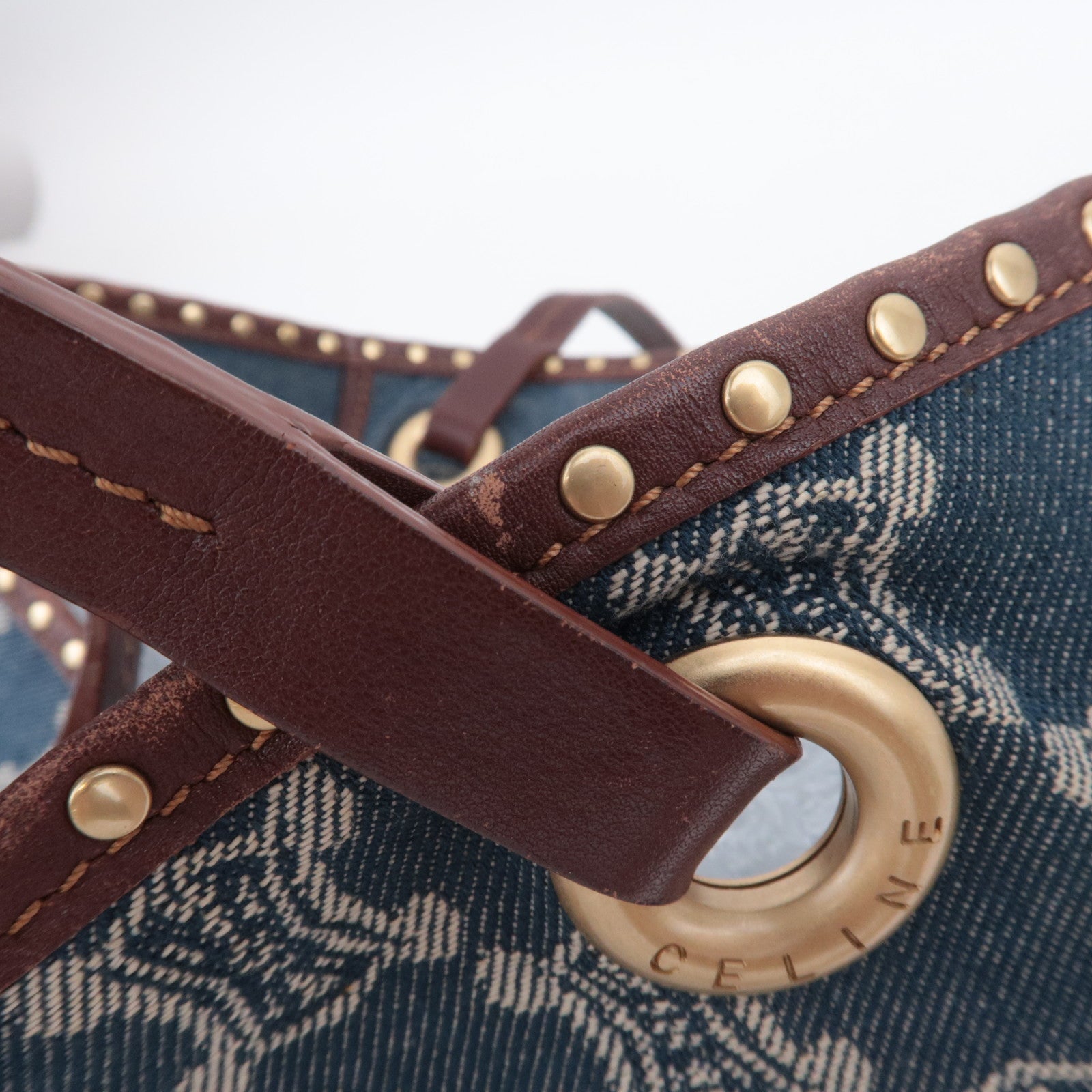 CELINE Paris Macadam Denim Leather Tote Bag Blue Brown