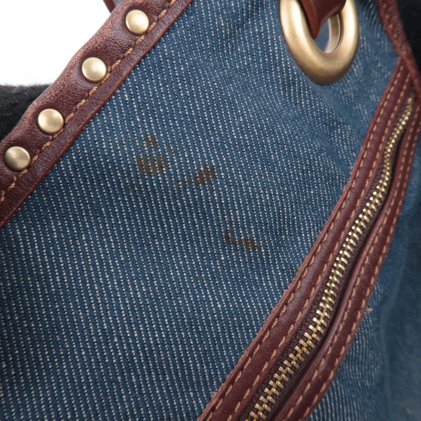 CELINE Paris Macadam Denim Leather Tote Bag Blue Brown