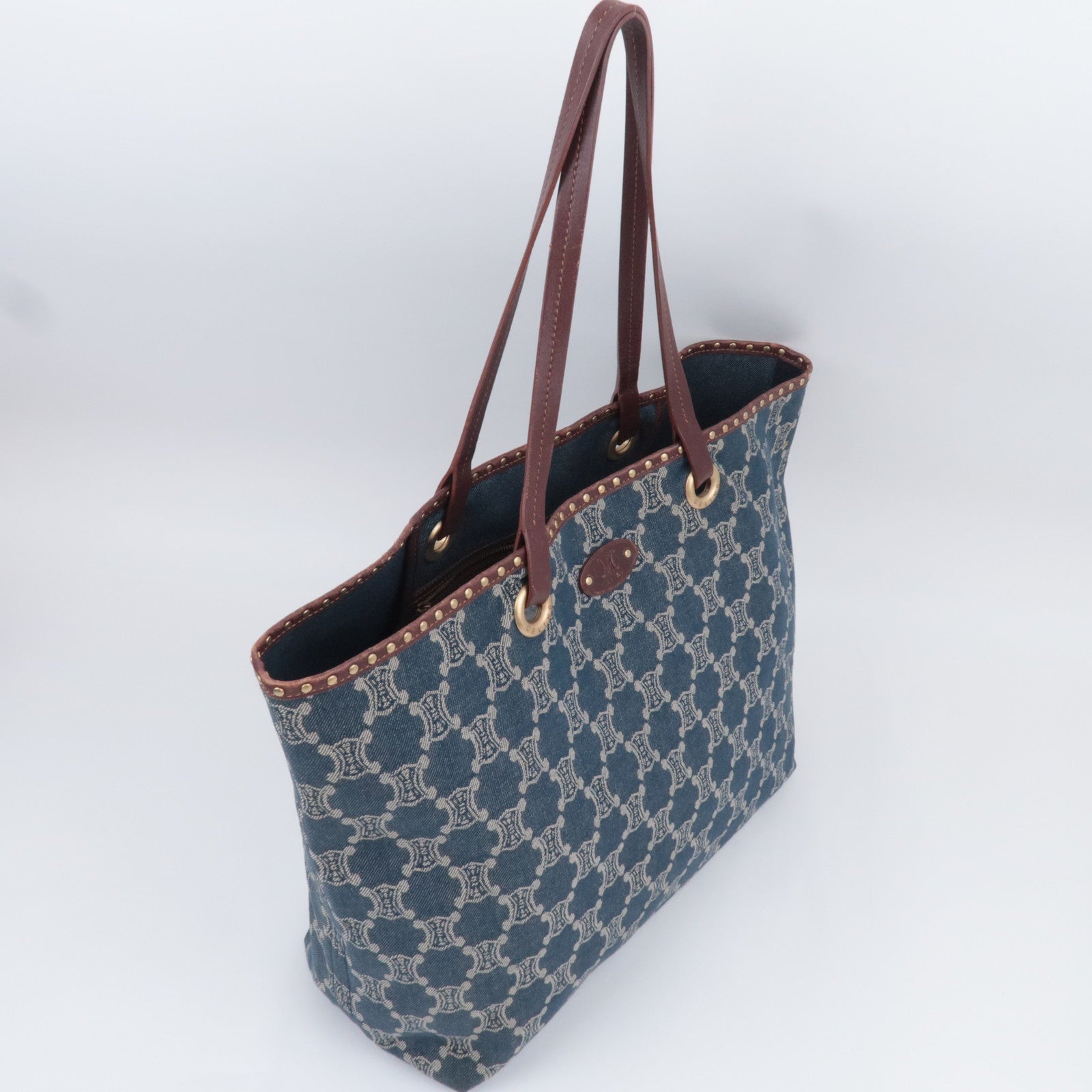 CELINE Paris Macadam Denim Leather Tote Bag Blue Brown