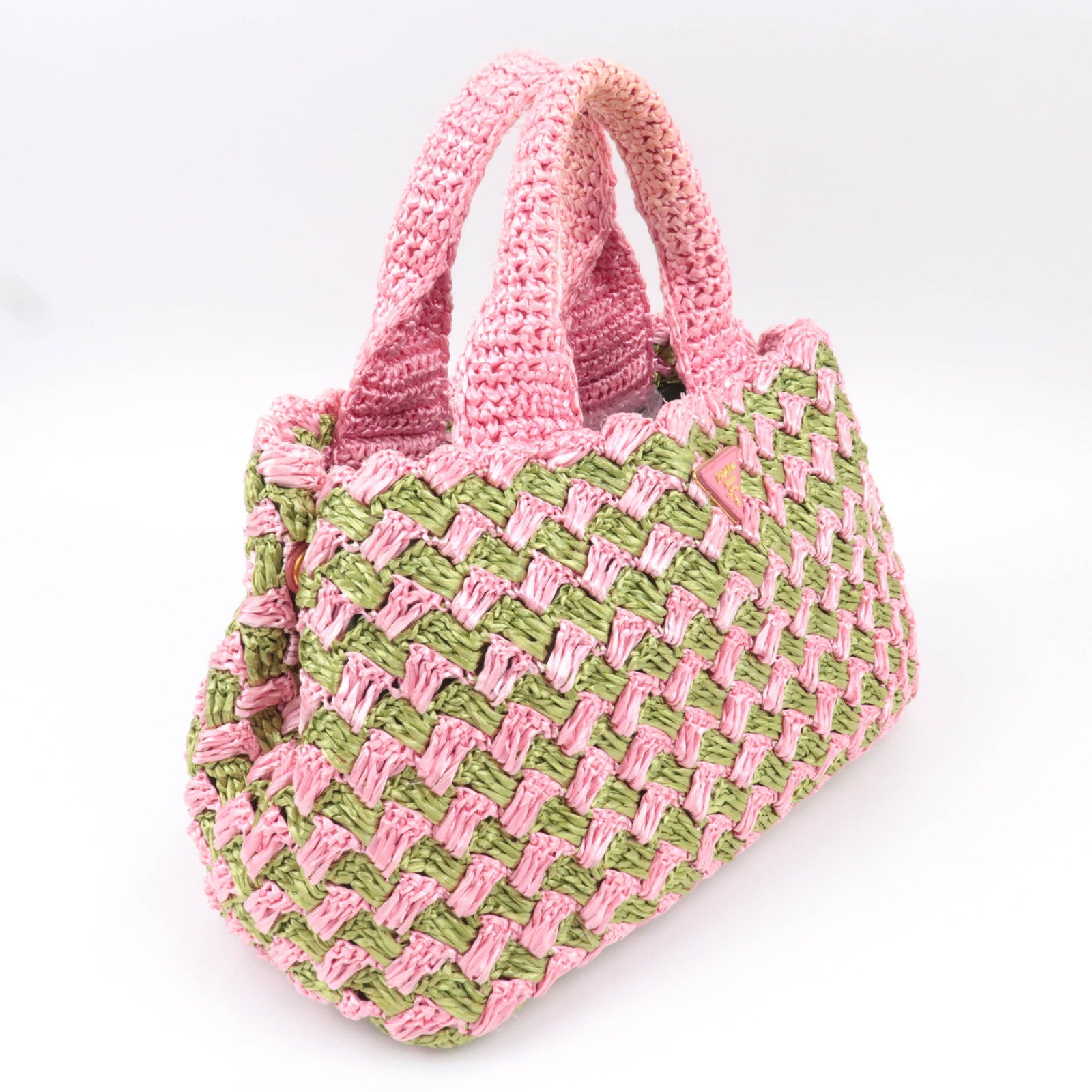 PRADA Raffia Canapa Tote Bag Pink Green BN2302