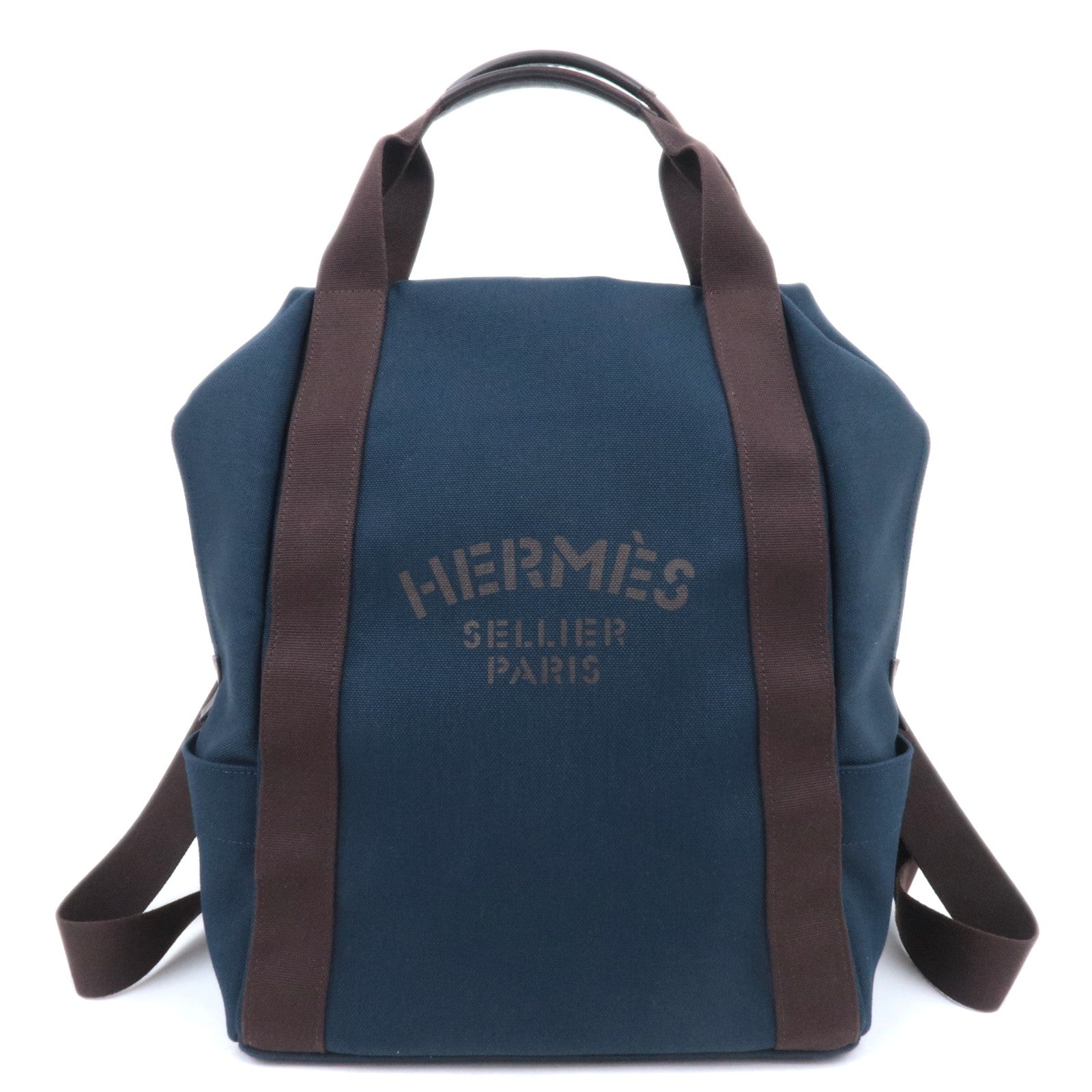 HERMES Sac De Pansage Groom Canvas Leather Backpack Navy Brown90143