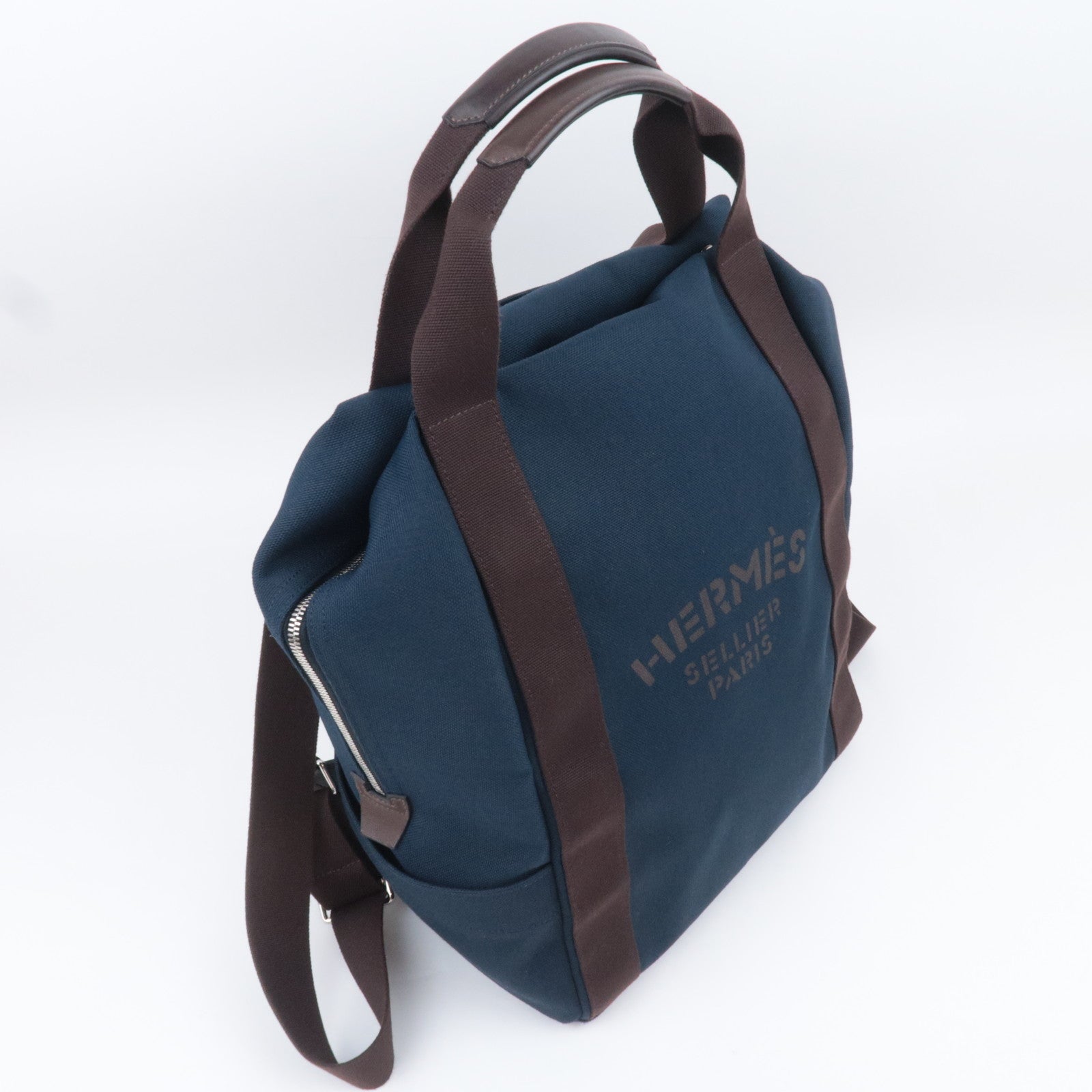 HERMES Sac De Pansage Groom Canvas Leather Backpack Navy Brown
