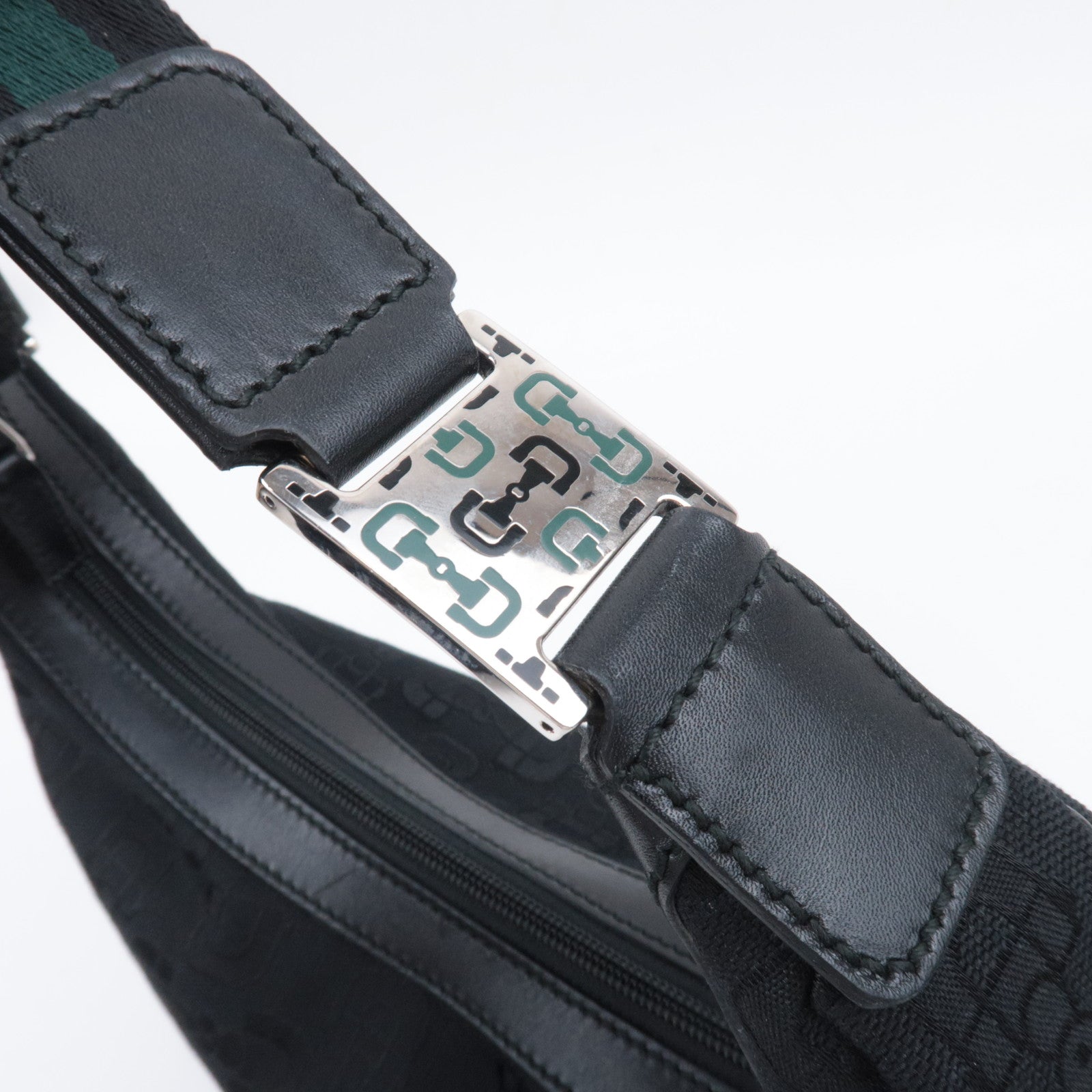 GUCCI Horsebit Canvas Leather Shoulder Bag Black Green 211524