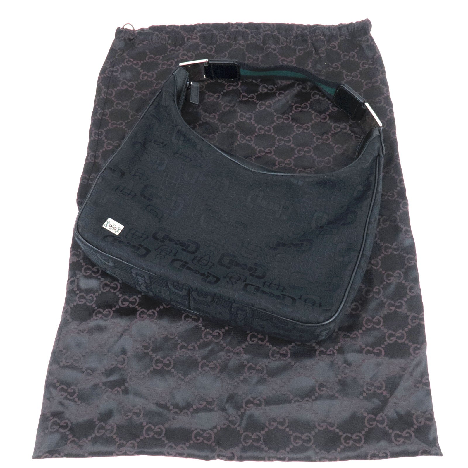 GUCCI Horsebit Canvas Leather Shoulder Bag Black Green 211524
