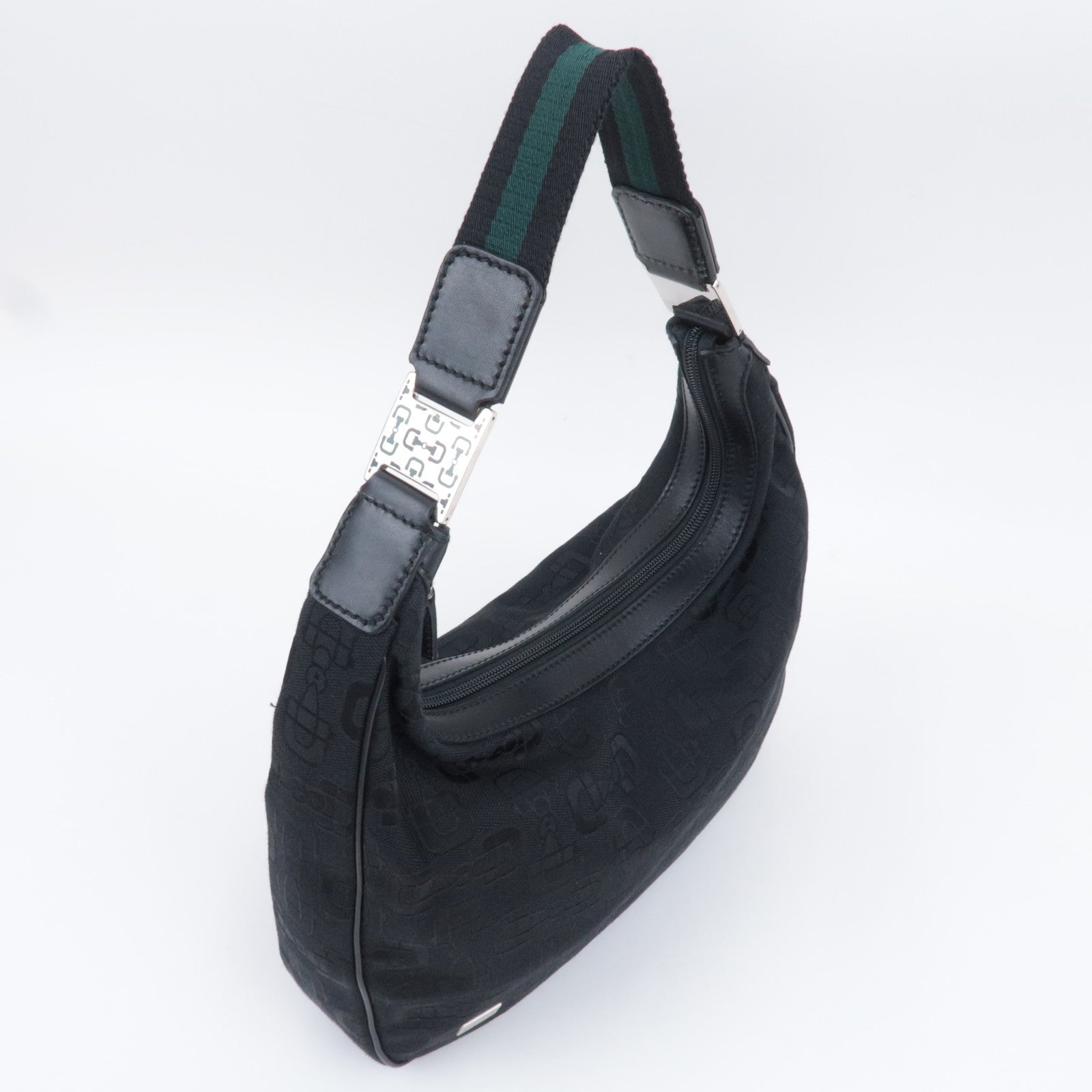 GUCCI Horsebit Canvas Leather Shoulder Bag Black Green 211524