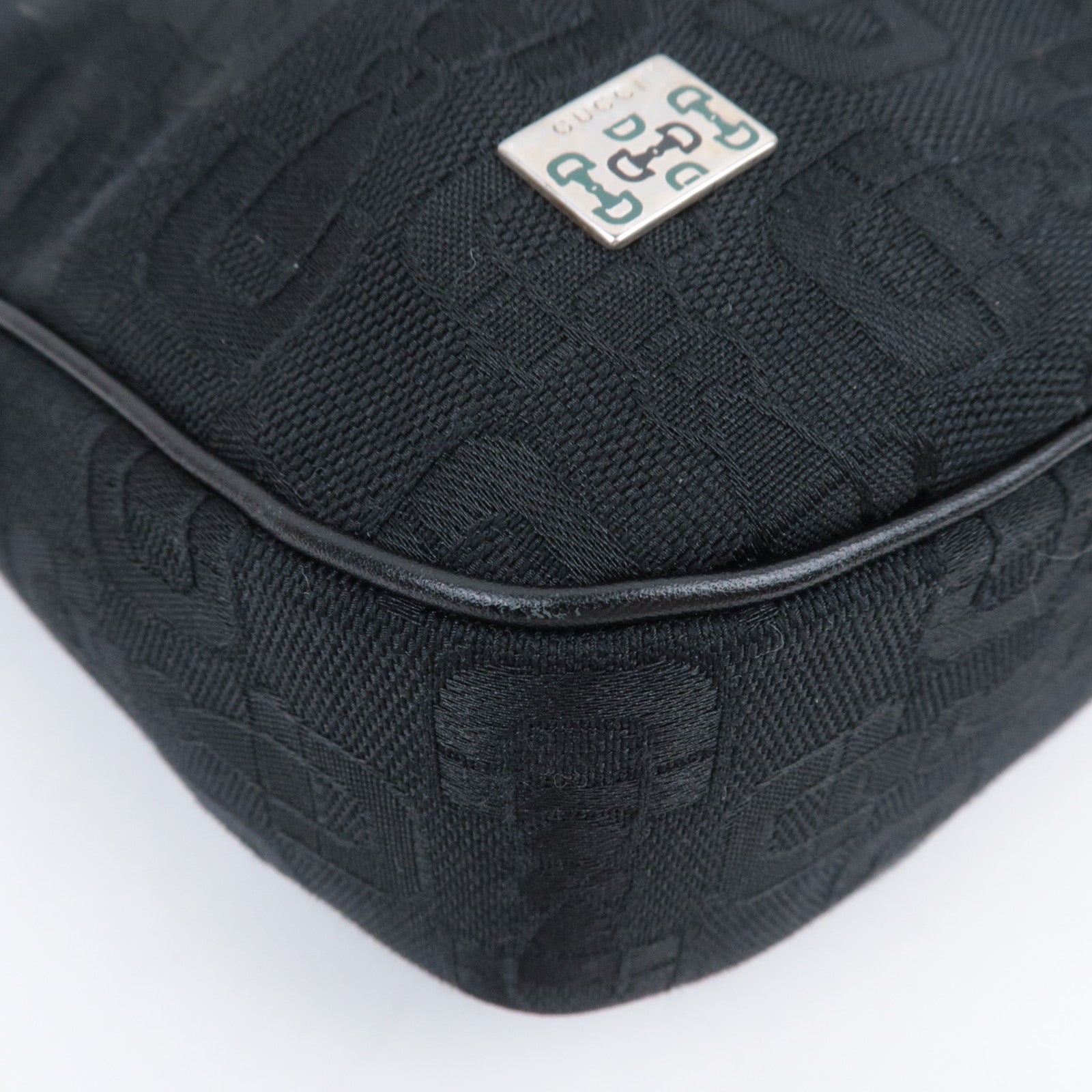 GUCCI Horsebit Canvas Leather Shoulder Bag Black Green 211524