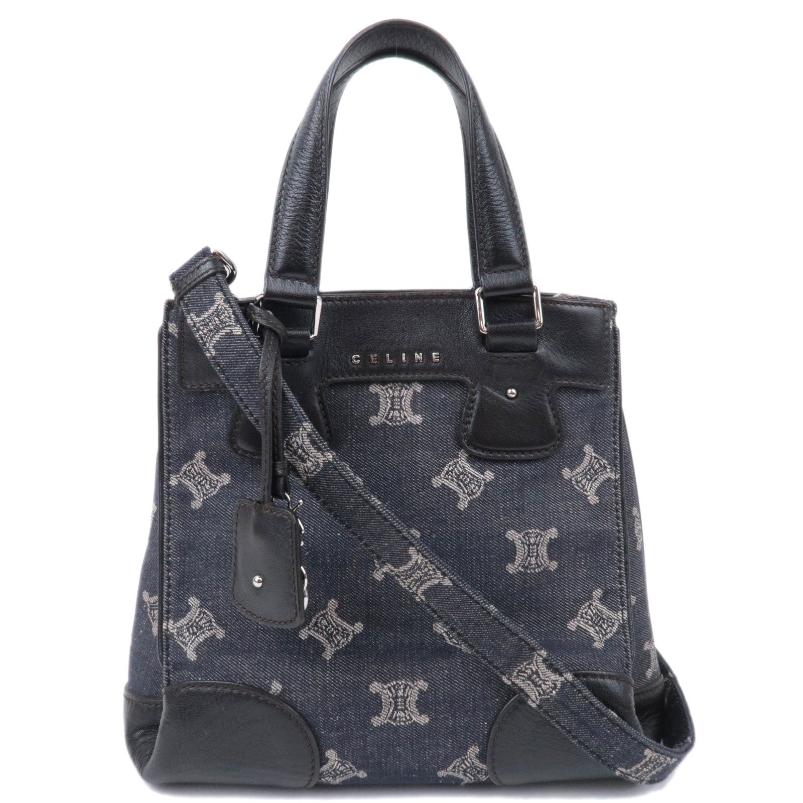 CELINE Paris Macadam 2Way Denim Leather Handbag Navy Black *Strap, Clochette90158