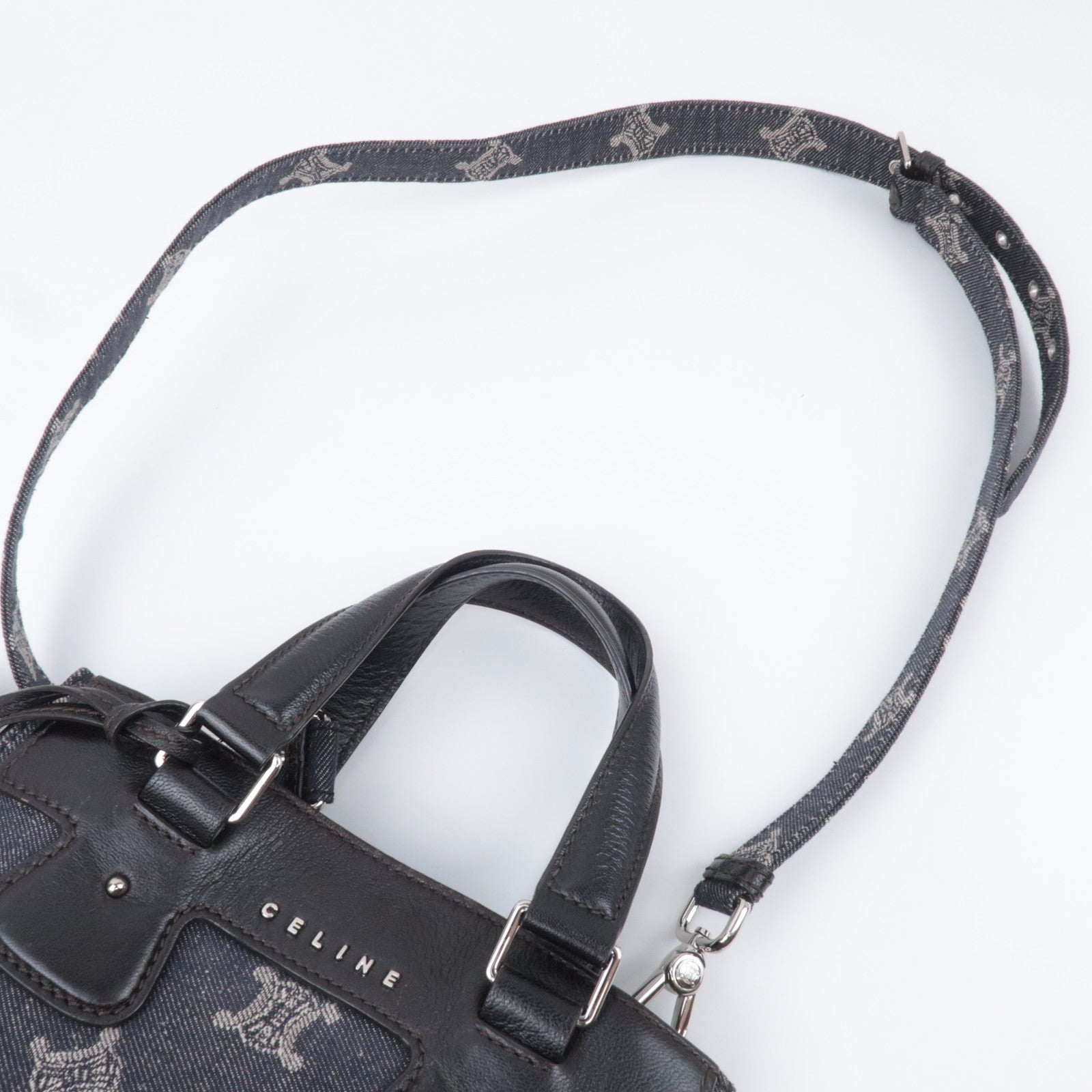 CELINE Paris Macadam 2Way Denim Leather Handbag Navy Black *Strap, Clochette