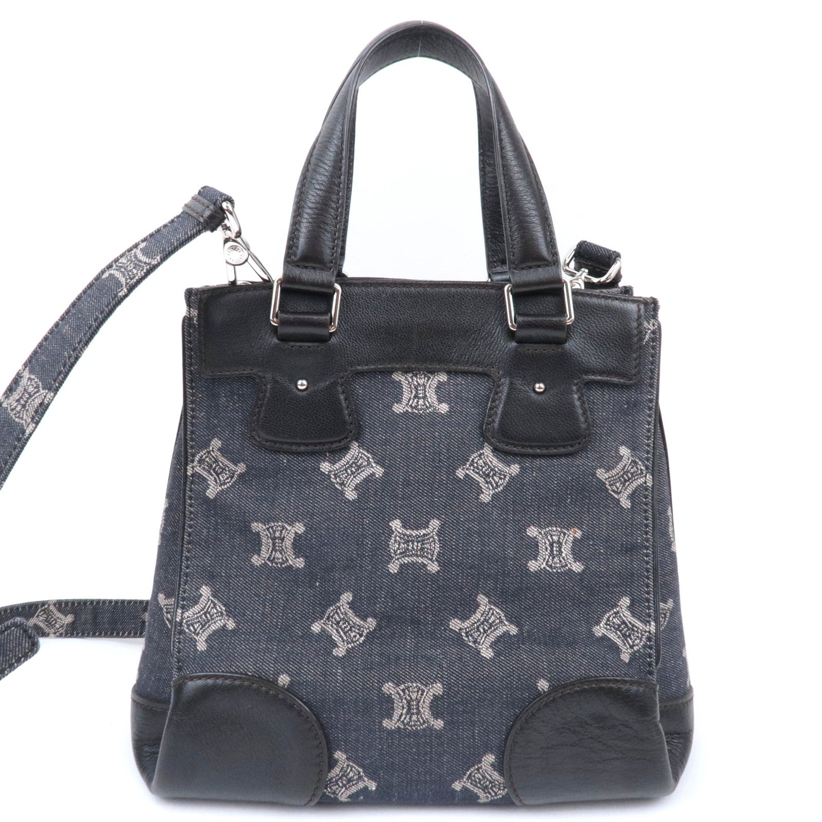 CELINE Paris Macadam 2Way Denim Leather Handbag Navy Black *Strap, Clochette