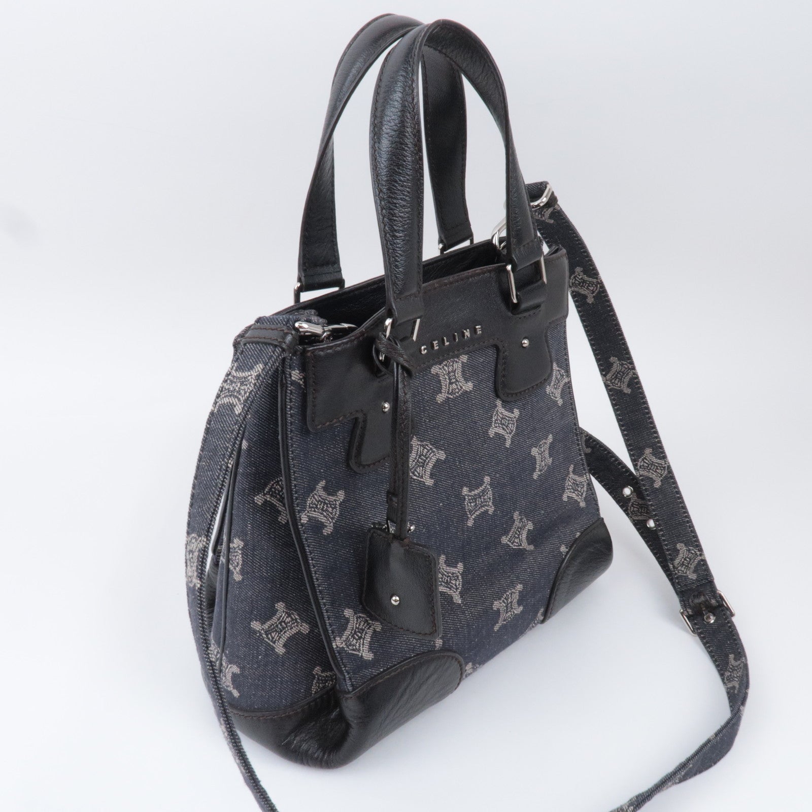 CELINE Paris Macadam 2Way Denim Leather Handbag Navy Black *Strap, Clochette