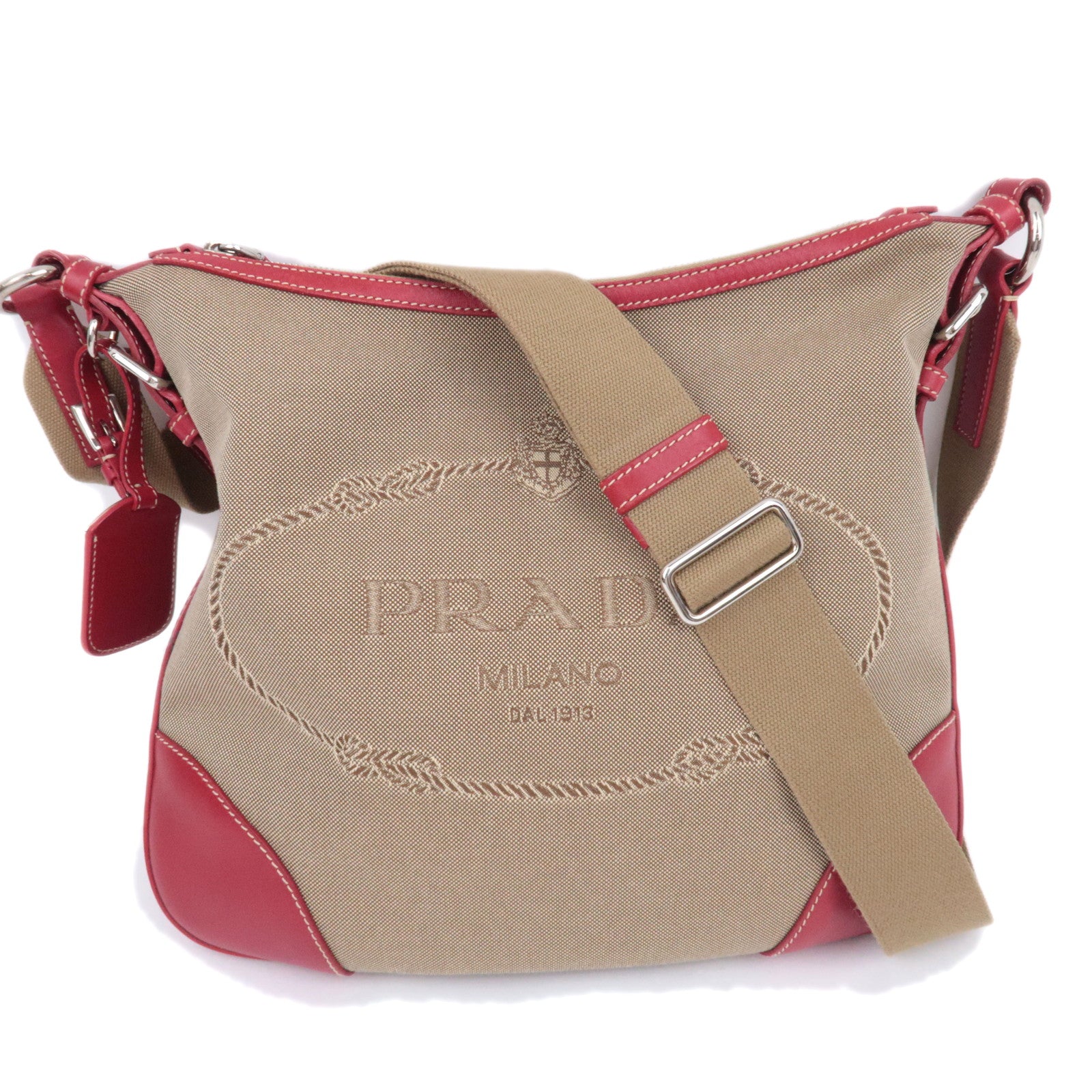 PRADA Logo Jacquard Shoulder Bag Beige Red90168