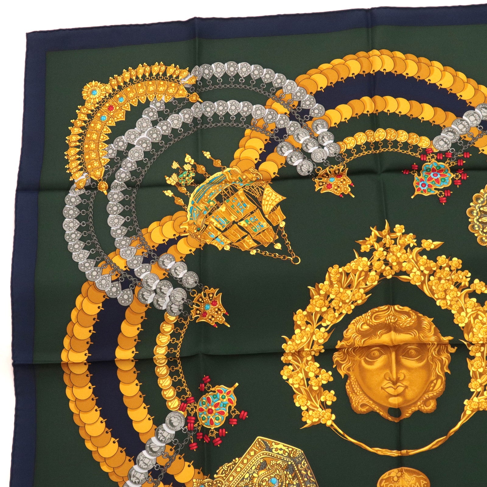 HERMES Carre 90 Scarf KOSMIMA 100% Silk Dark Green Navy