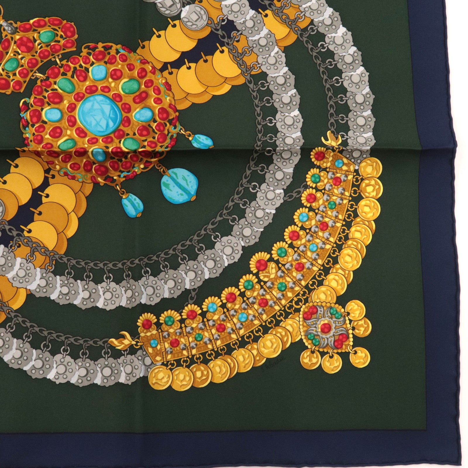 HERMES Carre 90 Scarf KOSMIMA 100% Silk Dark Green Navy
