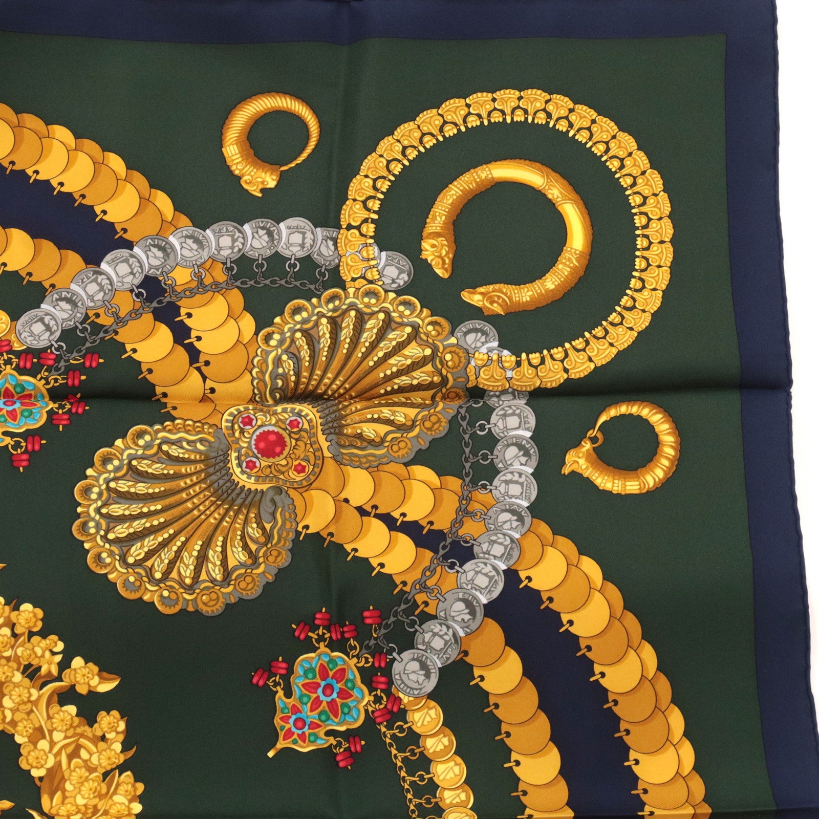 HERMES Carre 90 Scarf KOSMIMA 100% Silk Dark Green Navy