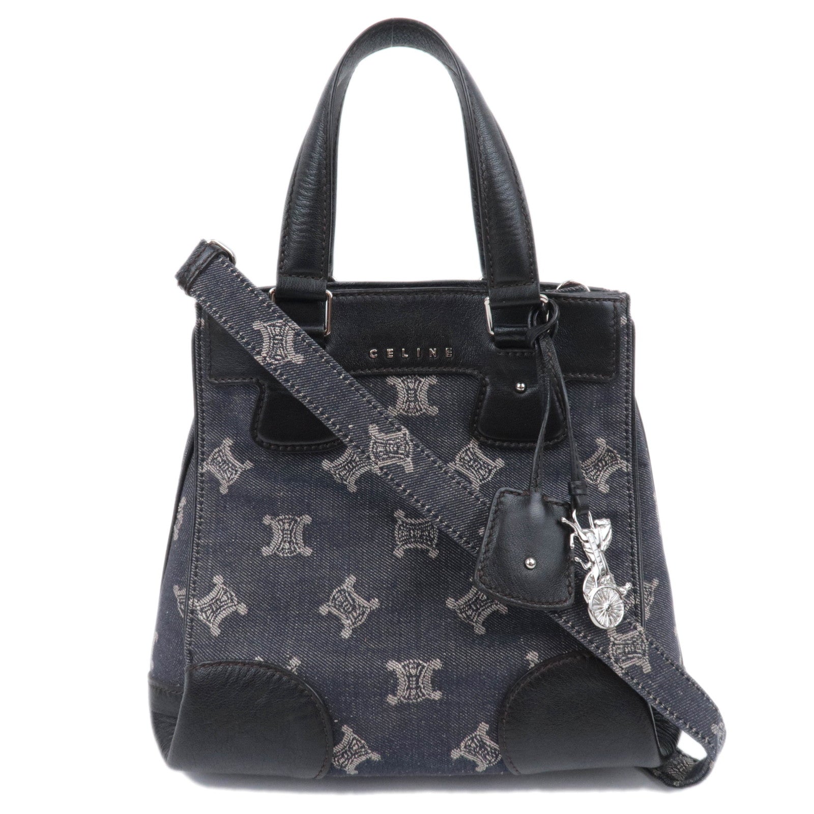CELINE Paris Macadam 2Way Denim Leather Handbag Navy Brown90188