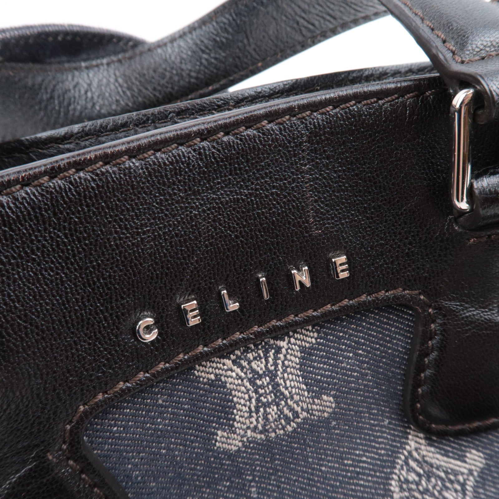 CELINE Paris Macadam 2Way Denim Leather Handbag Navy Brown