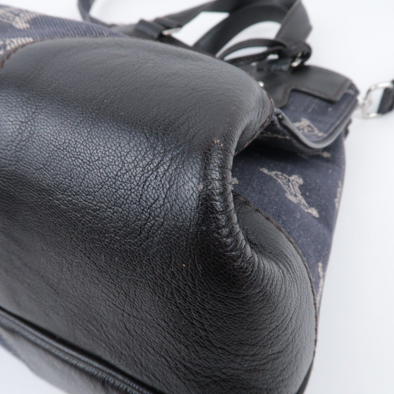 CELINE Paris Macadam 2Way Denim Leather Handbag Navy Brown