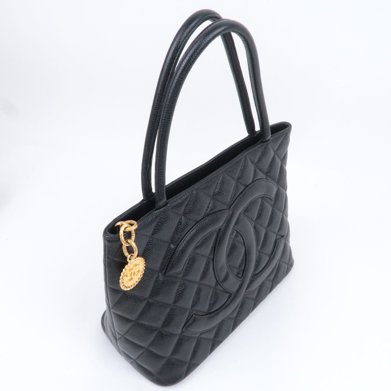 CHANEL Medallion Tote Caviarskin Black Gold HDW A01804