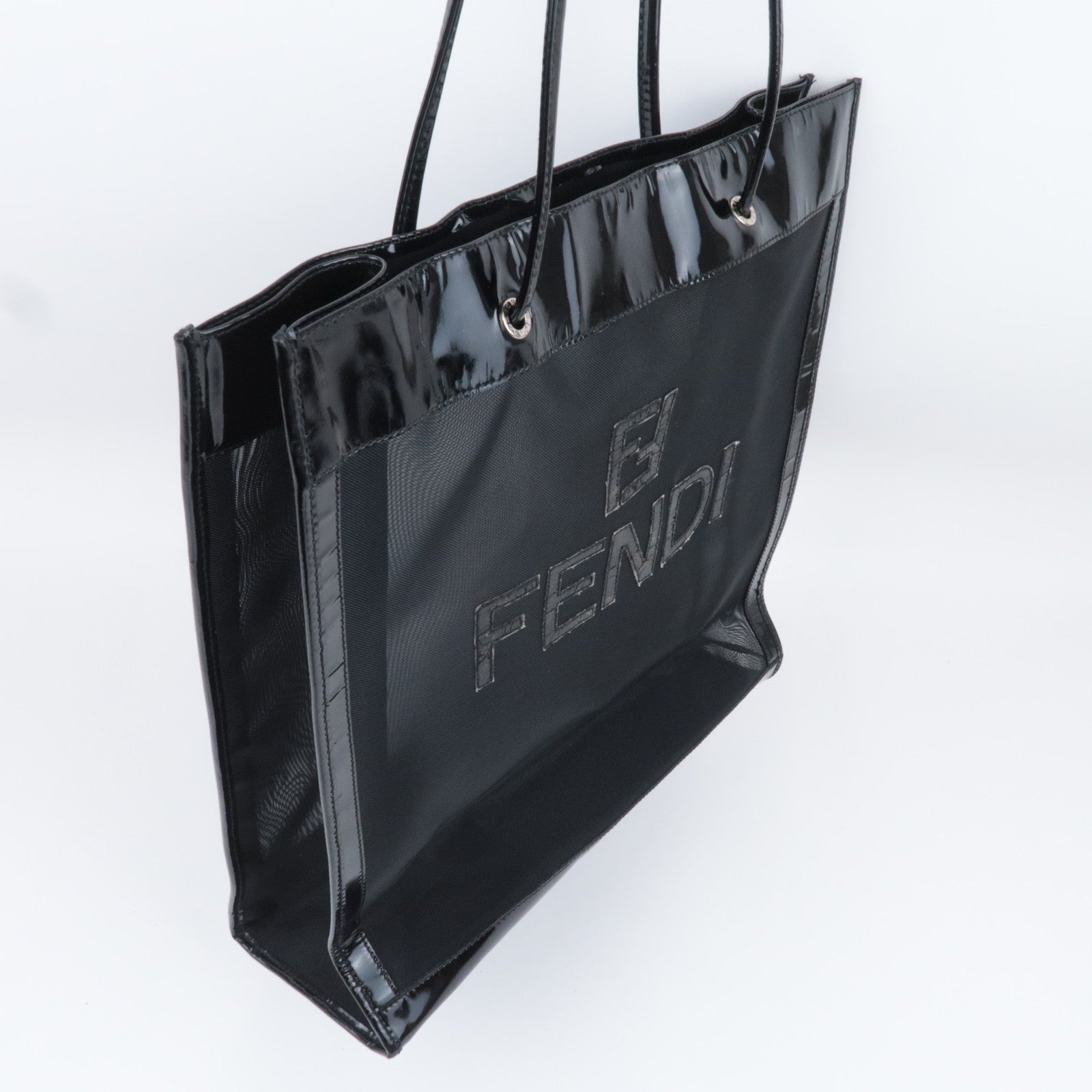 FENDI Mesh Leather Tote Bag Black 25964