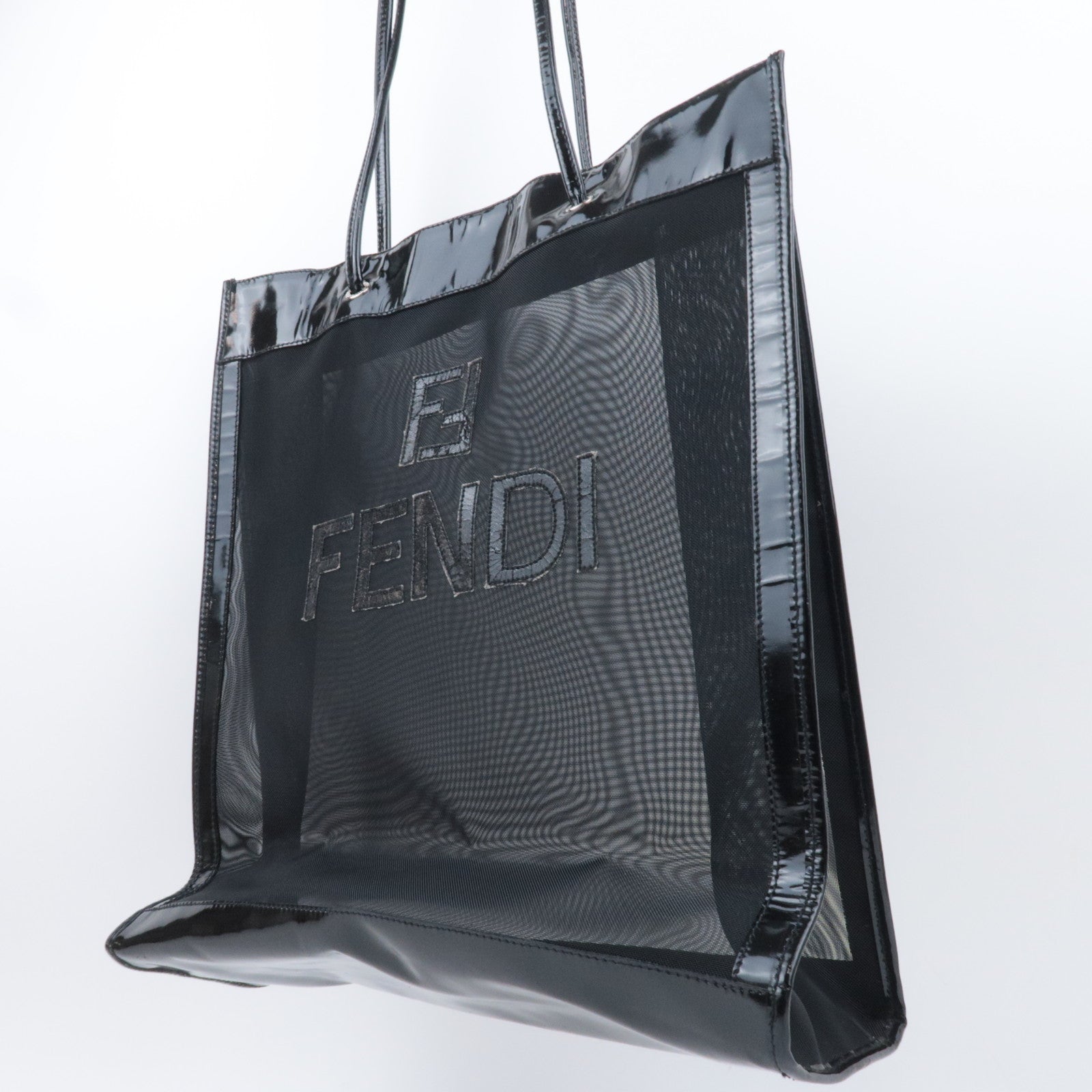 FENDI Mesh Leather Tote Bag Black 25964