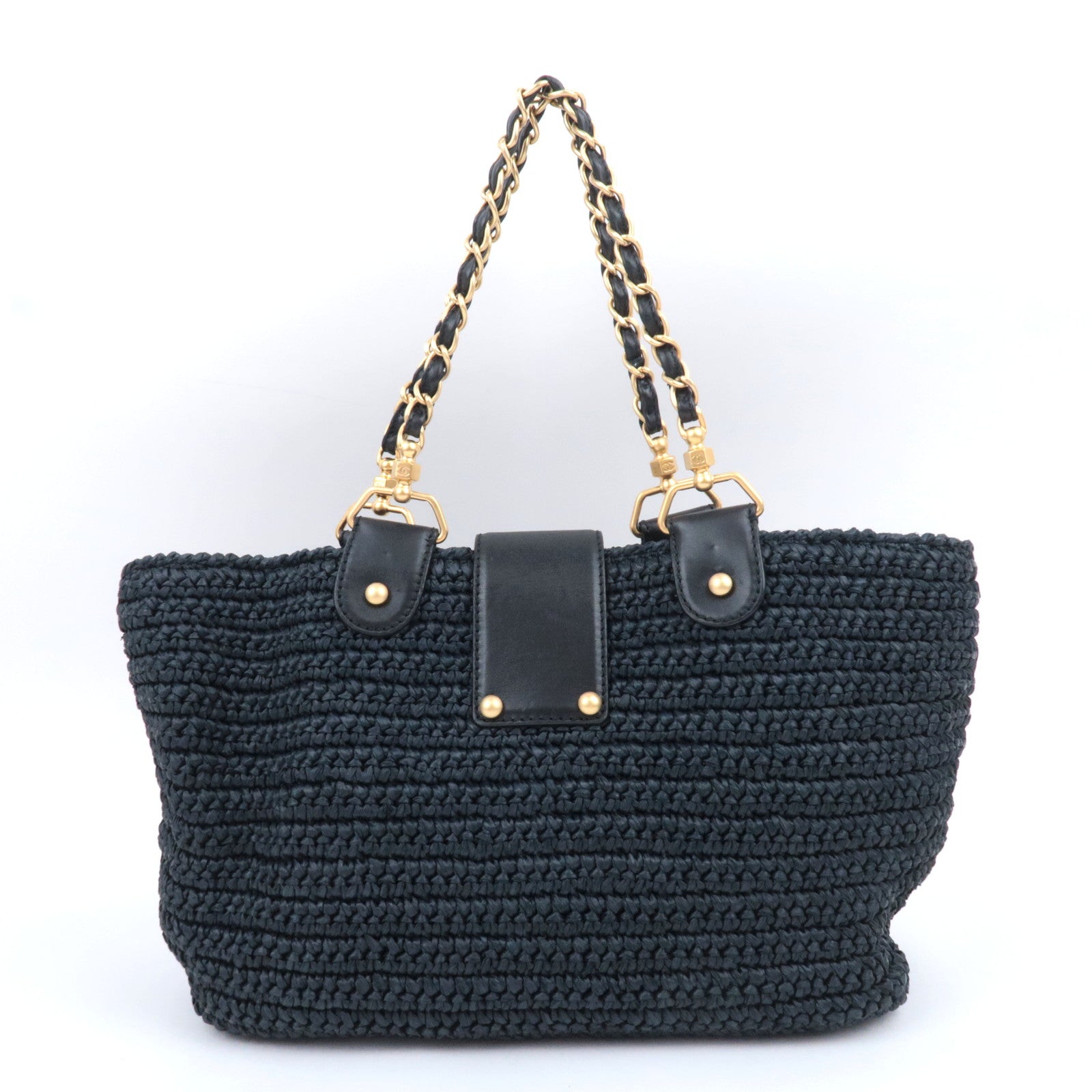 CHANEL Coco Mark Raffia Leather Chain Tote Bag Black Gold HDW