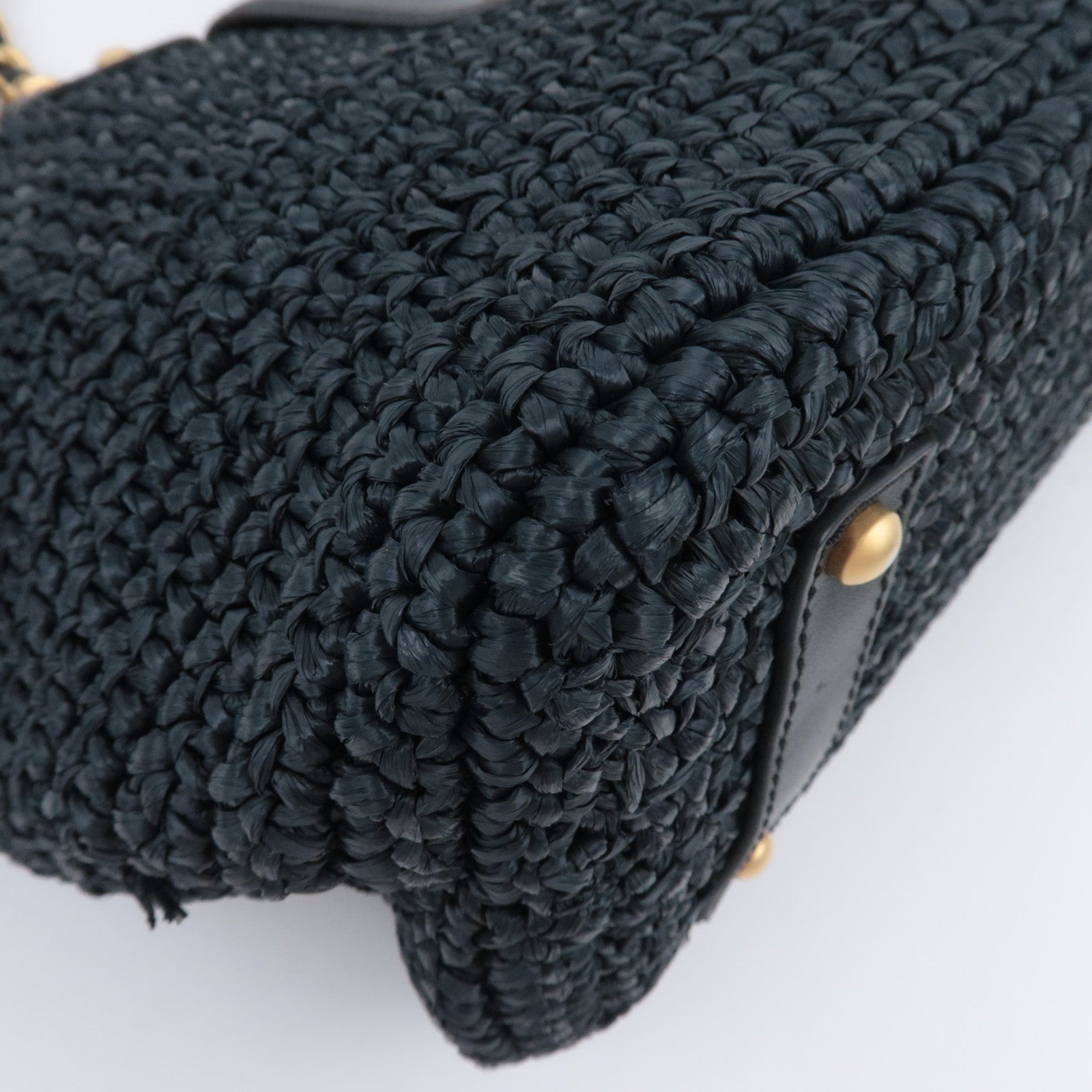 CHANEL Coco Mark Raffia Leather Chain Tote Bag Black Gold HDW