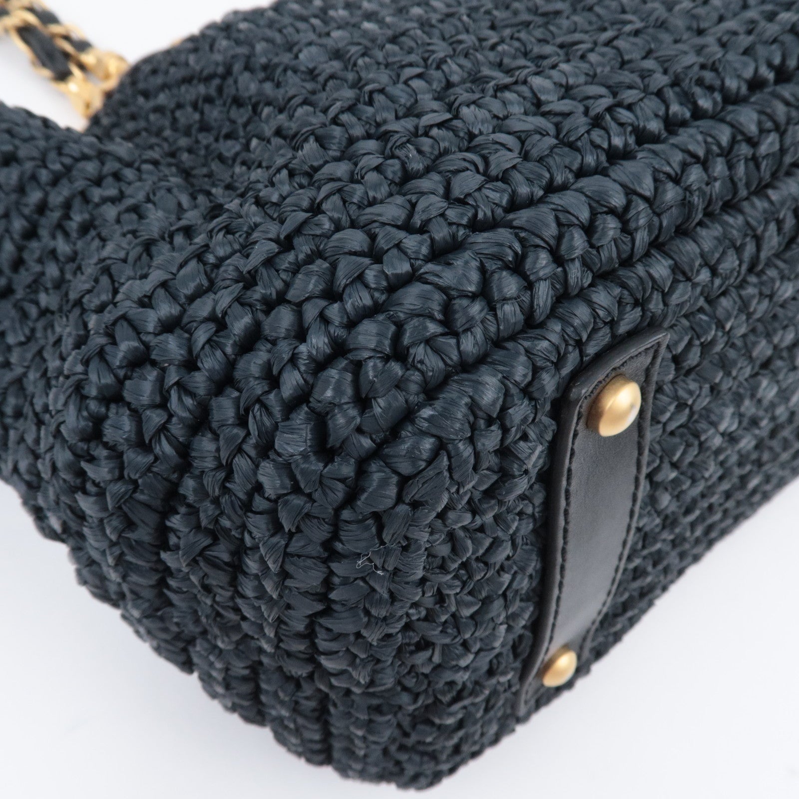 CHANEL Coco Mark Raffia Leather Chain Tote Bag Black Gold HDW
